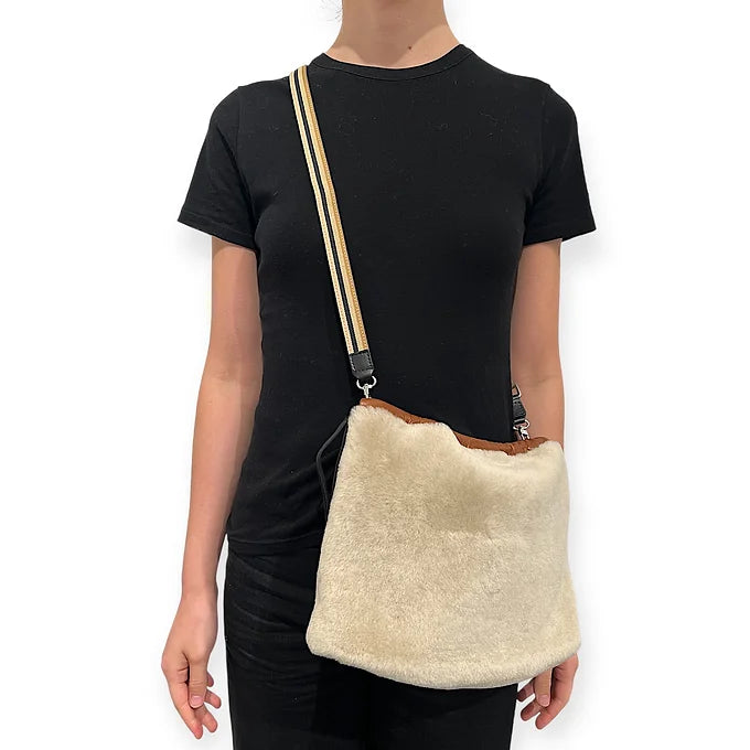 Pochette à lien de serrage - String medium - Peau lainée beige et cognac