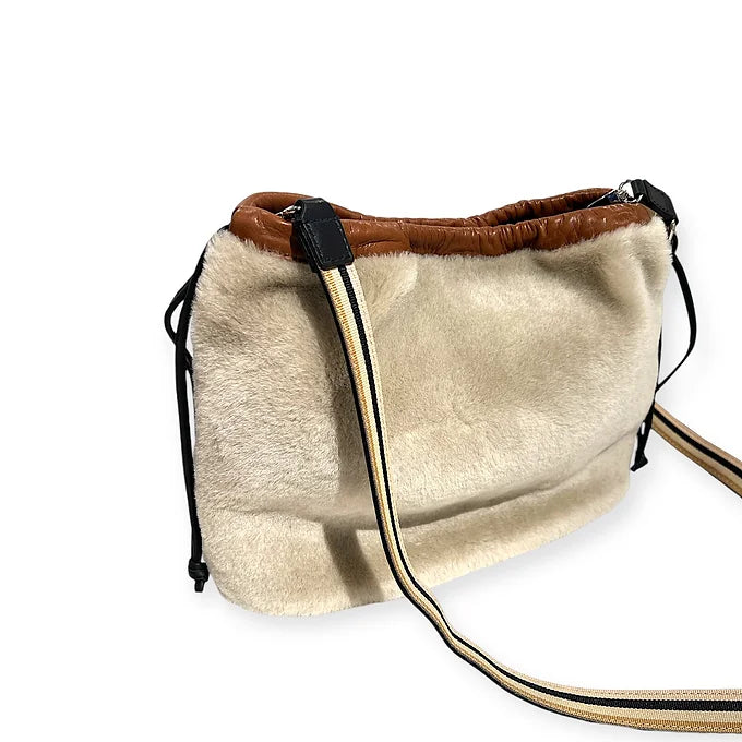 Pochette à lien de serrage - String medium - Peau lainée beige et cognac