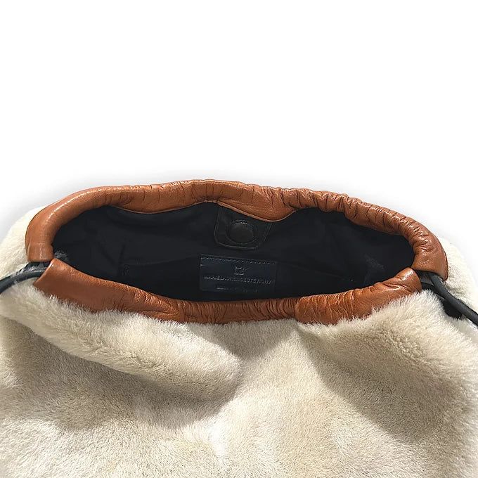 Pochette à lien de serrage - String medium - Peau lainée beige et cognac