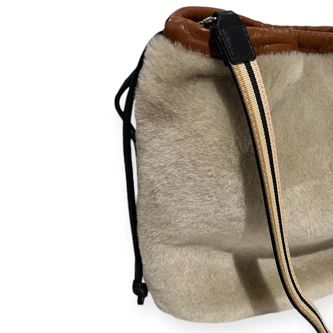 Pochette à lien de serrage - String medium - Peau lainée beige et cognac