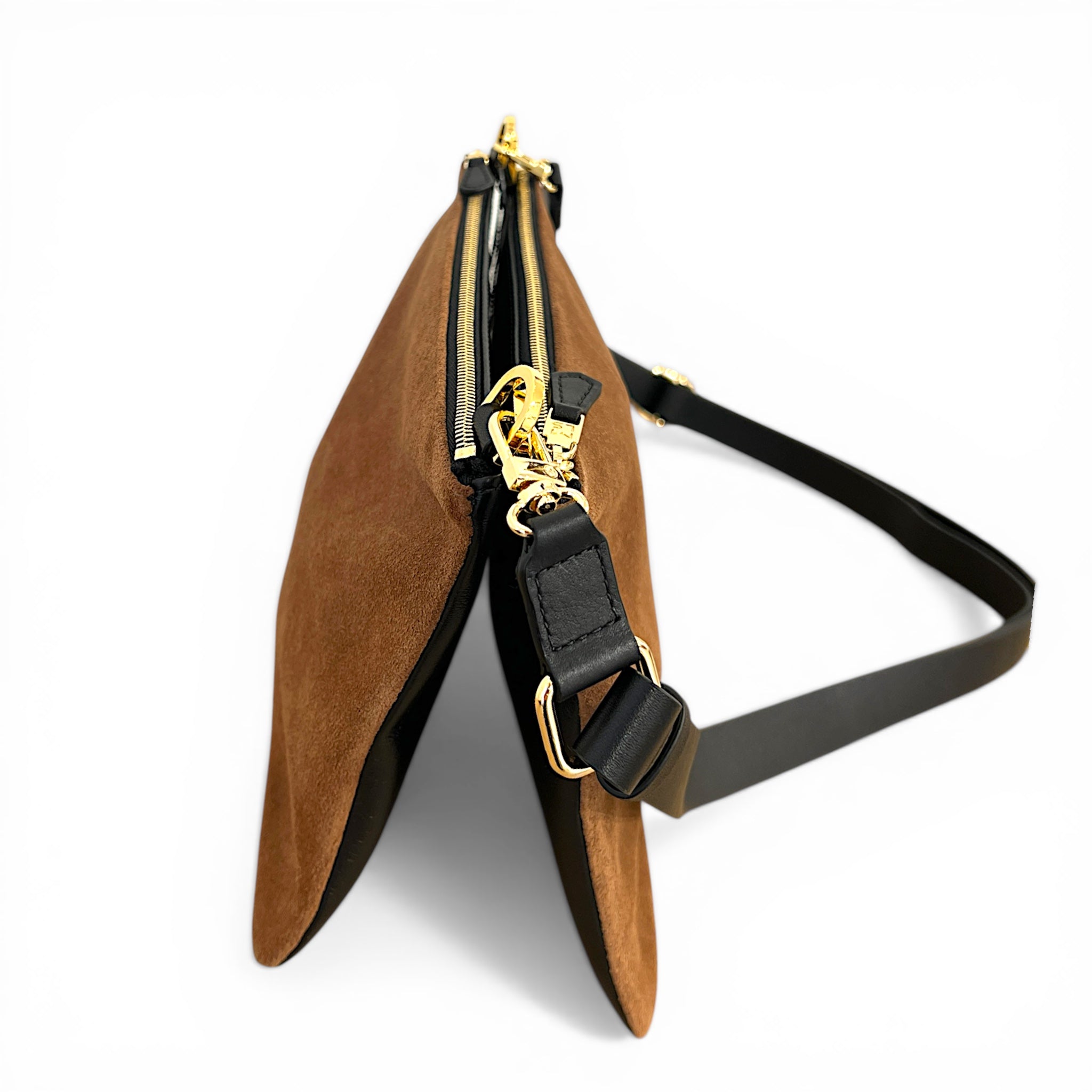 Duo pochettes medium - Daim camel et noir fintions or