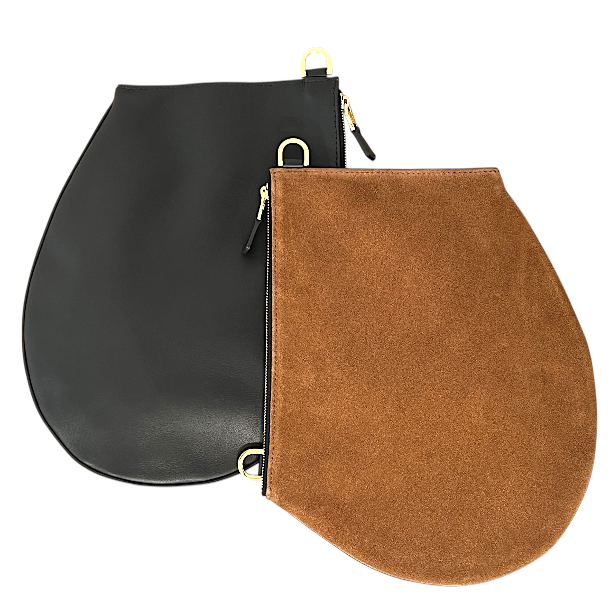 Pochette bandoulière - Zip XL - Daim camel et cuir noir avec finitions dorées