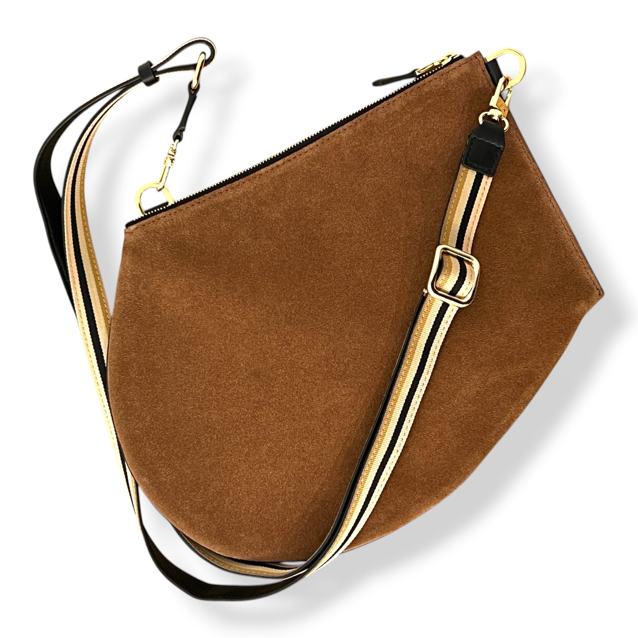 Pochette bandoulière - Zip XL - Daim camel et cuir noir avec finitions dorées