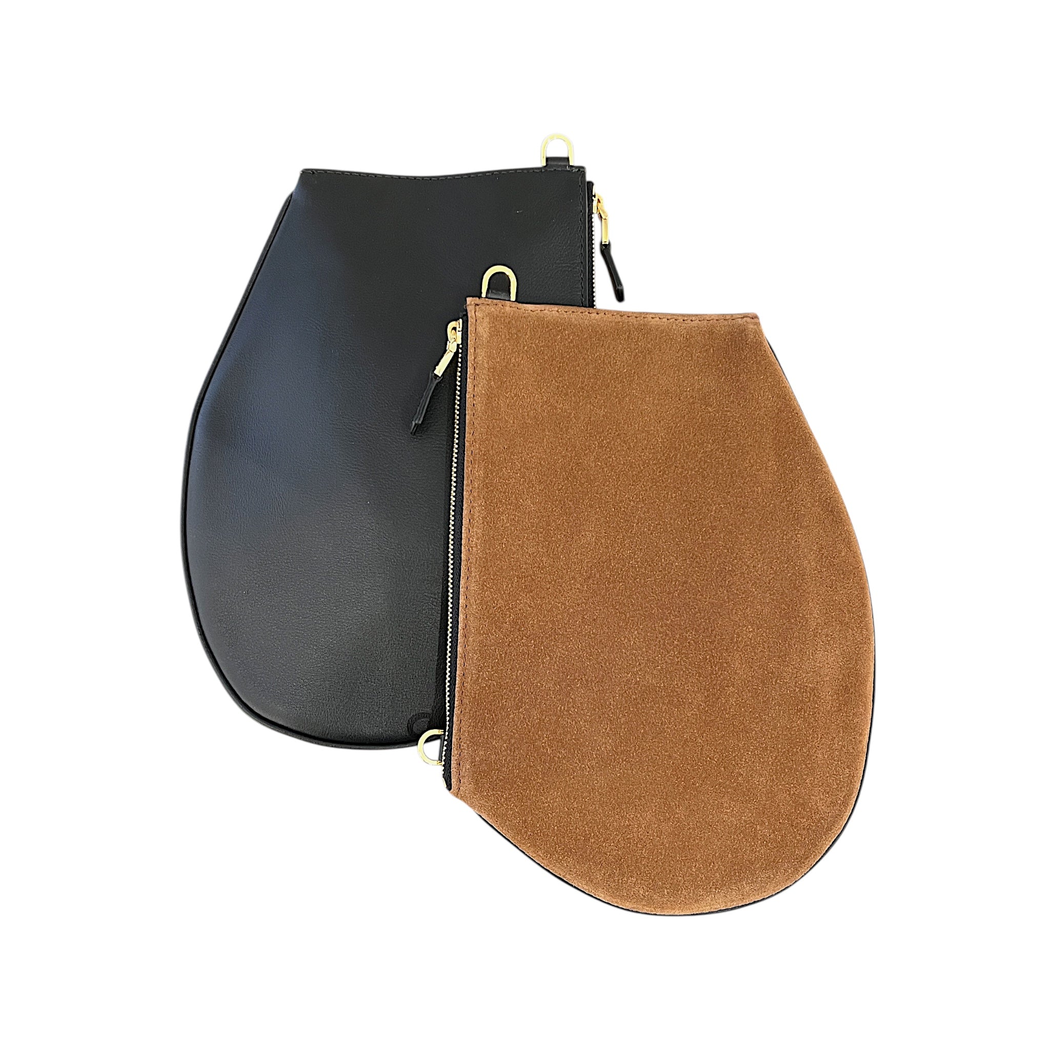 Pochette bandoulière - Zip medium - Daim camel , cuir noir et finitions dorées