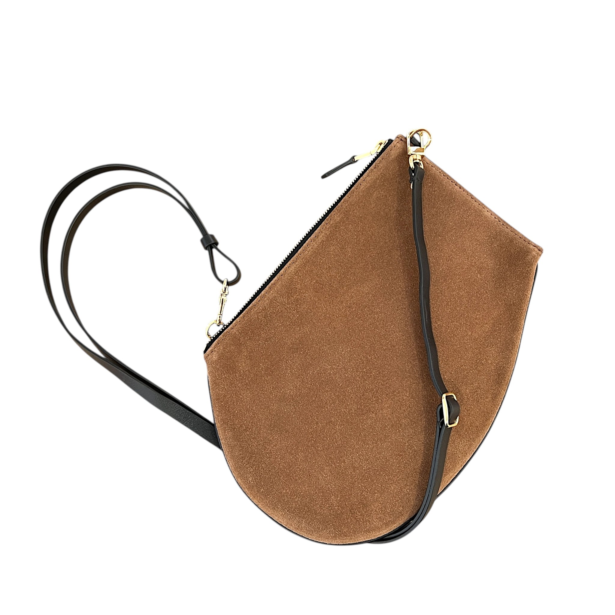 Pochette bandoulière - Zip medium - Daim camel , cuir noir et finitions dorées