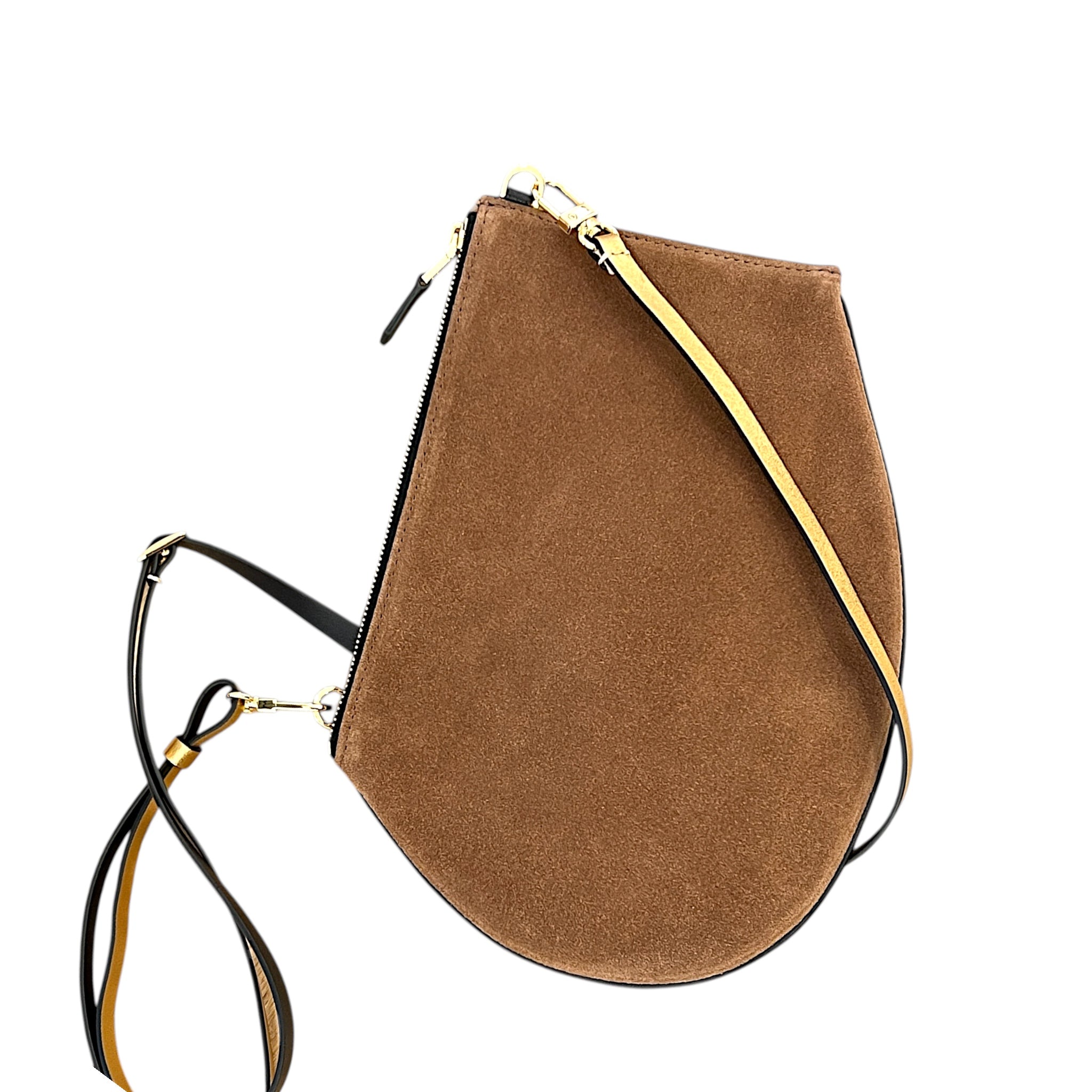 Pochette bandoulière - Zip medium - Daim camel , cuir noir et finitions dorées