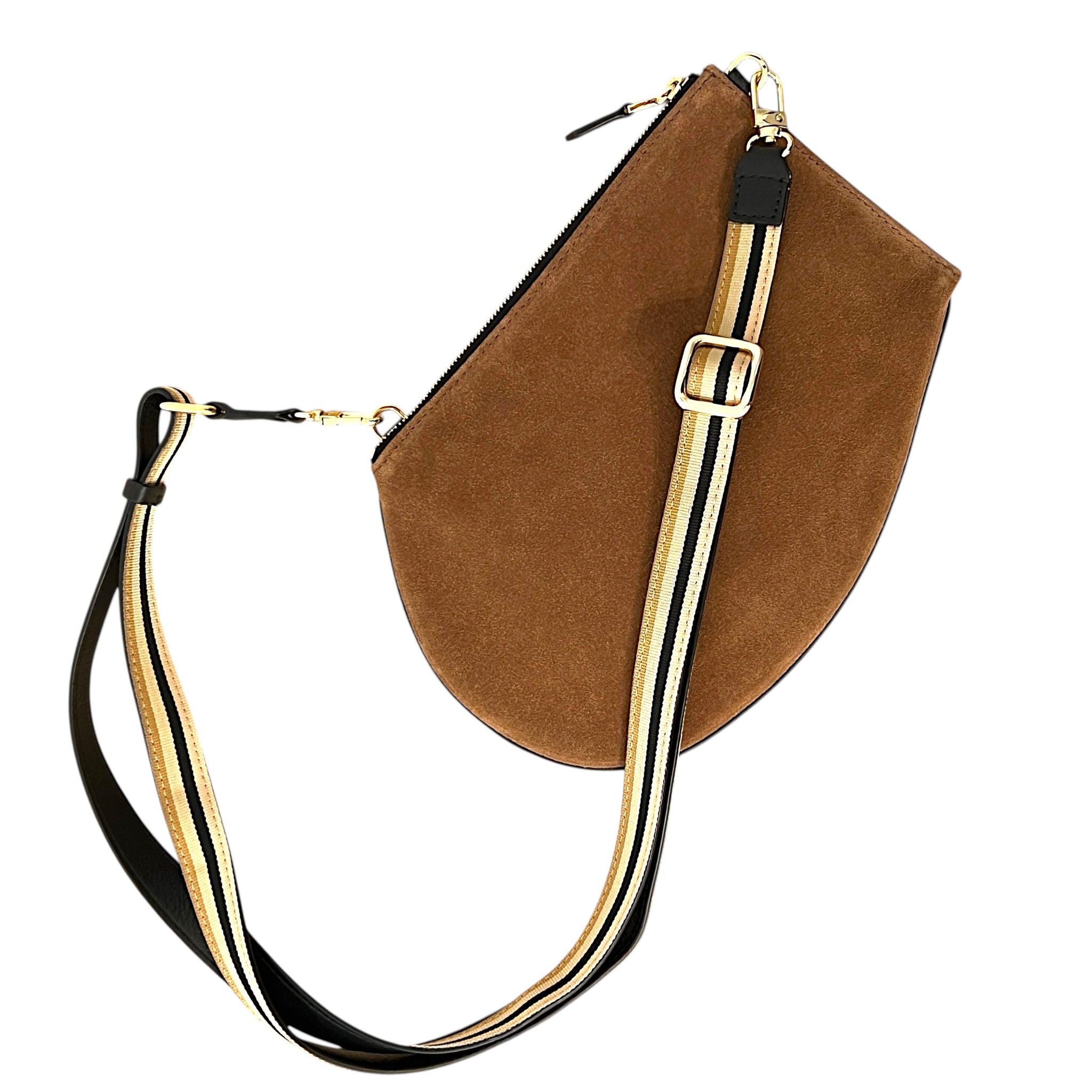 Pochette bandoulière - Zip medium - Daim camel , cuir noir et finitions dorées