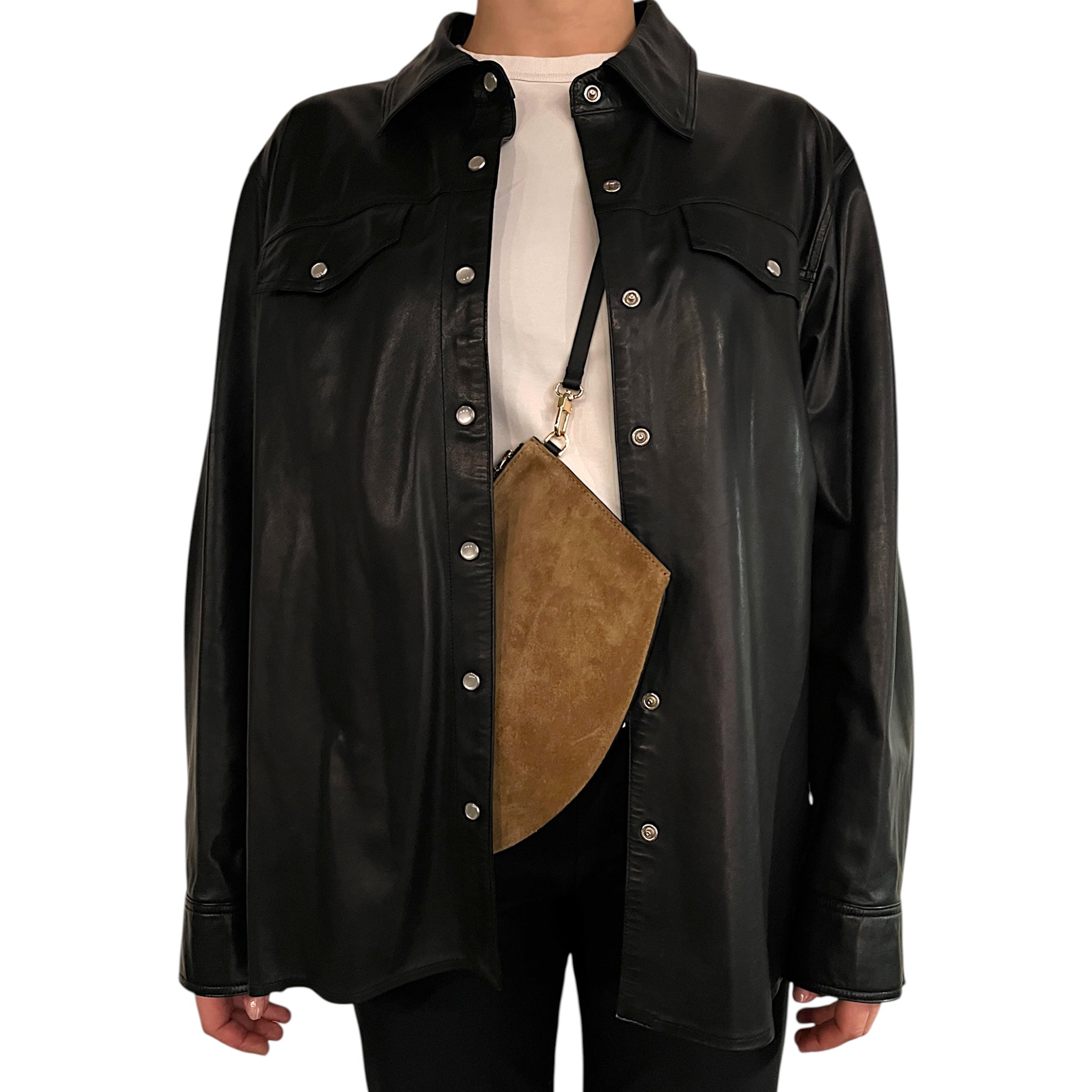 Pochette bandoulière - Zip XL - Daim camel et cuir noir avec finitions dorées