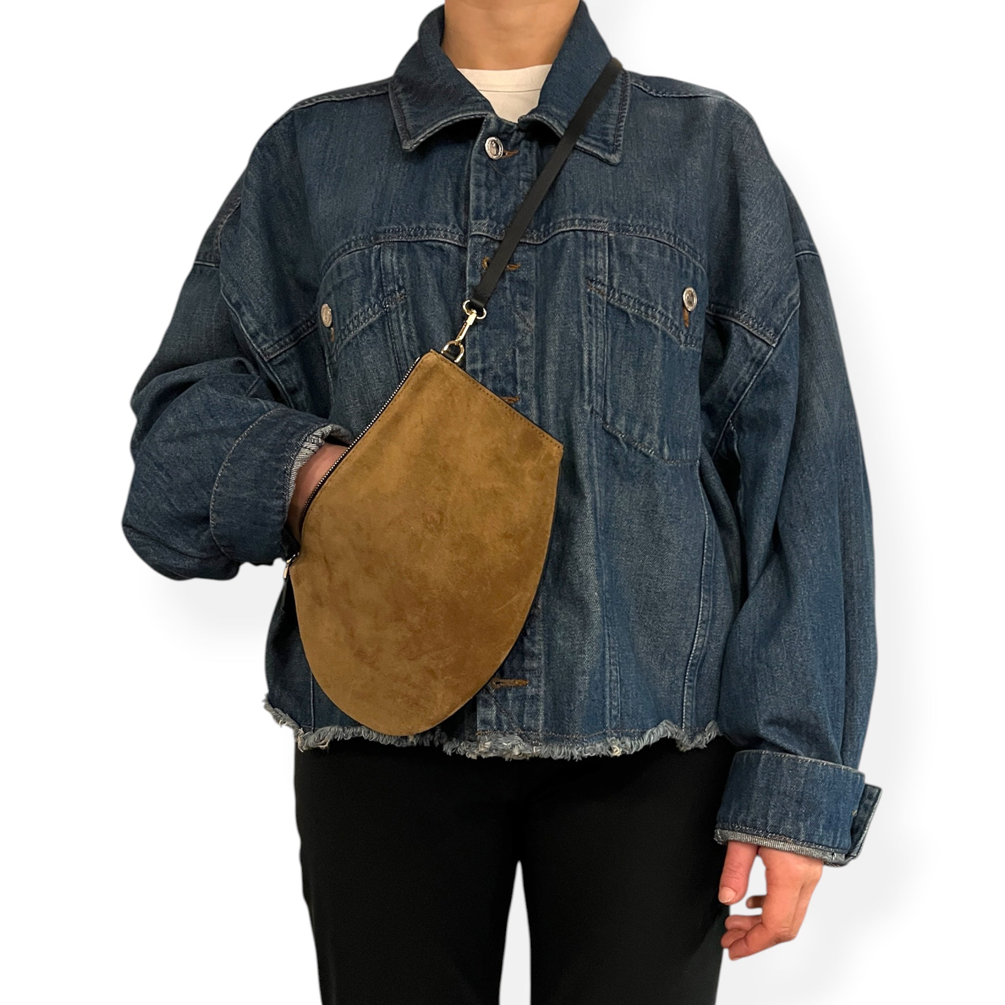 Pochette bandoulière - Zip medium - Daim camel , cuir noir et finitions dorées