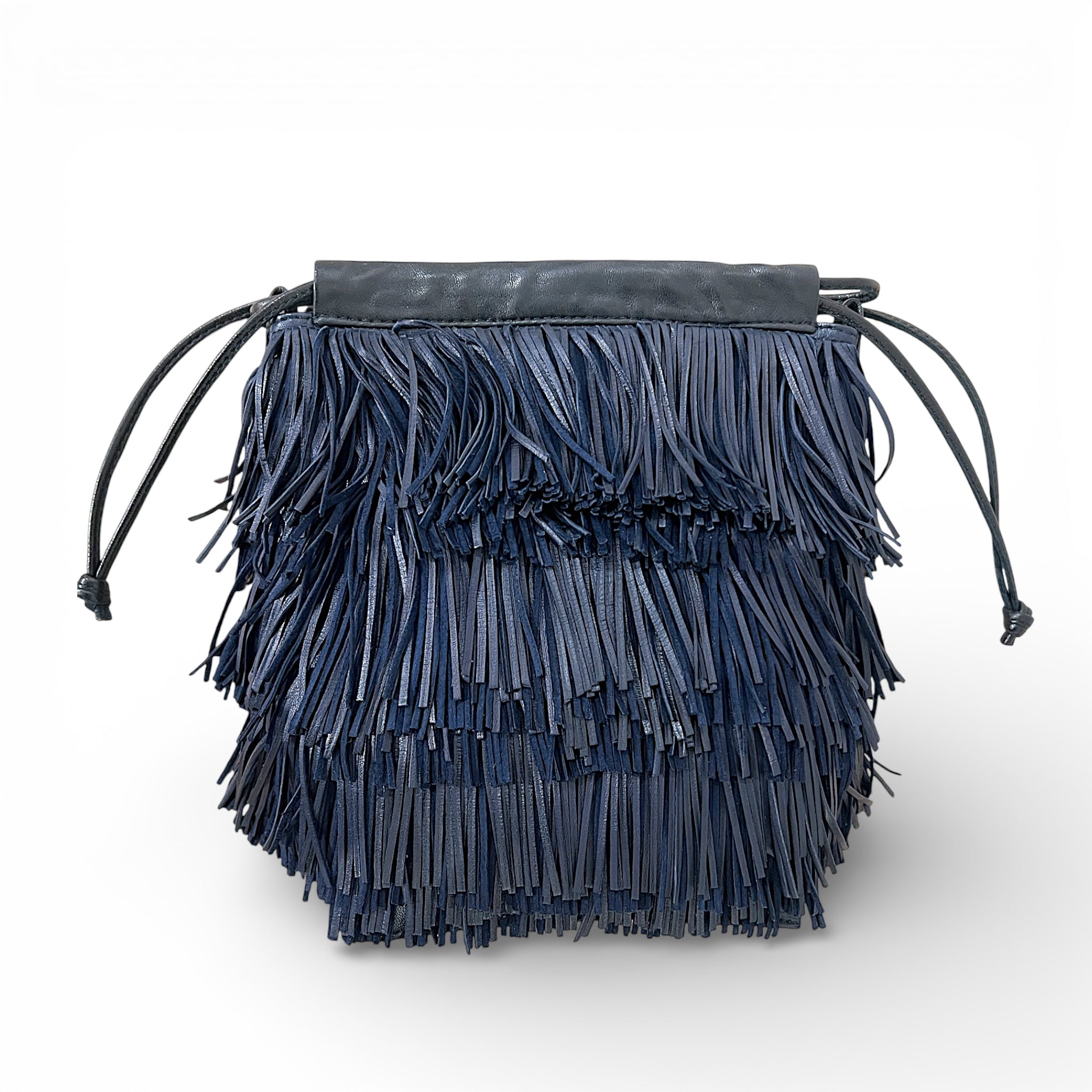 Pochette à lien de serrage - String micro franges - Blue encre et noir