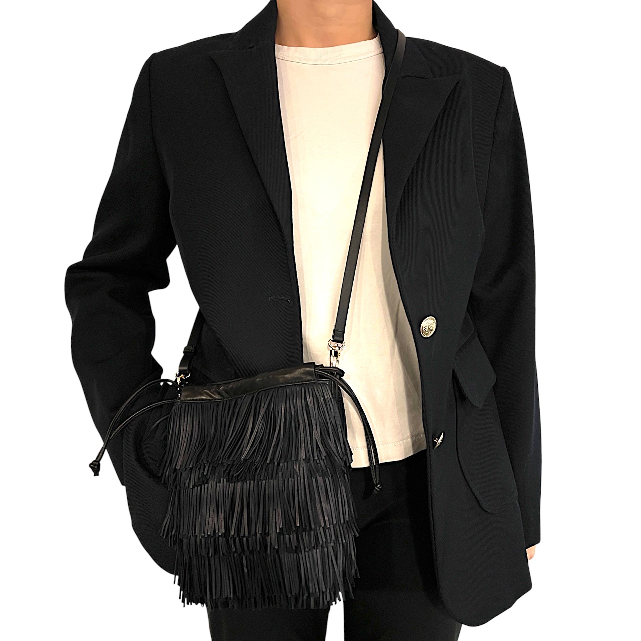 Pochette à lien de serrage - String micro franges - Blue encre et noir