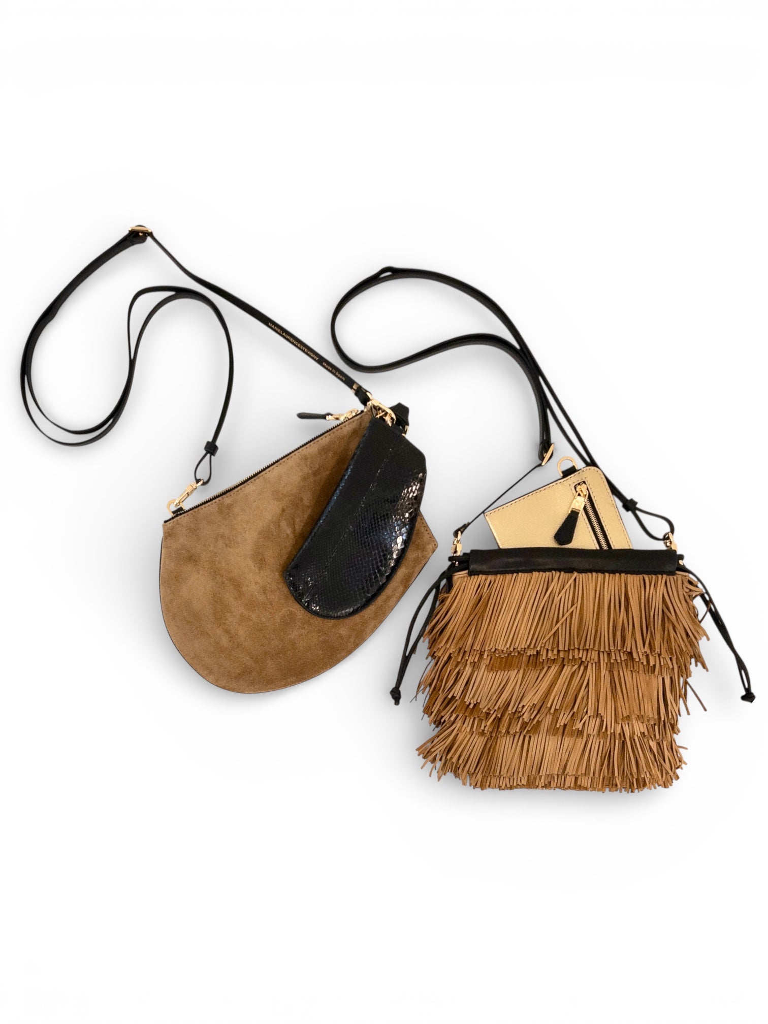 Pochette bandoulière - Zip medium - Daim camel , cuir noir et finitions dorées