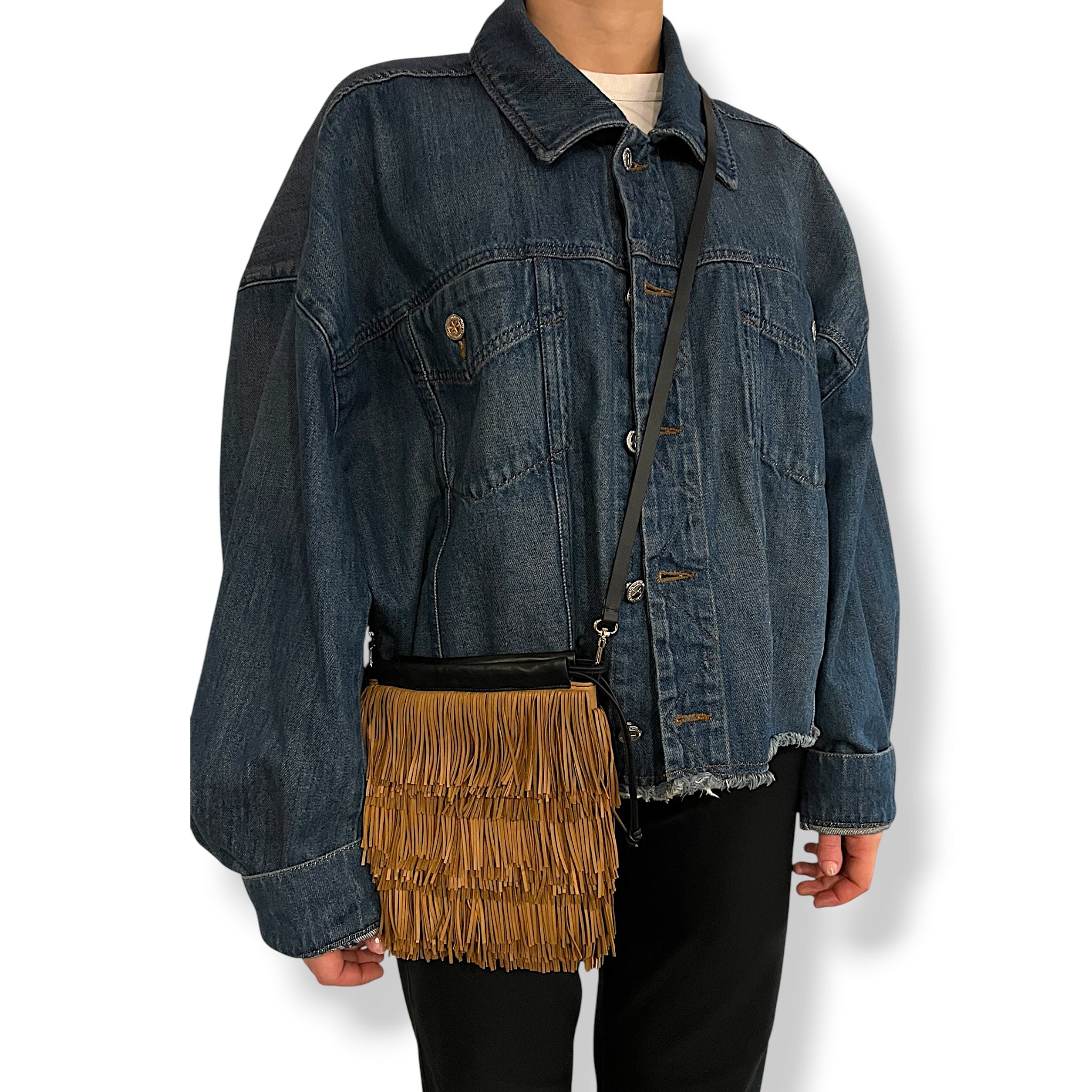 Pochette à lien de serrage - String micro franges - Naturelle et noire