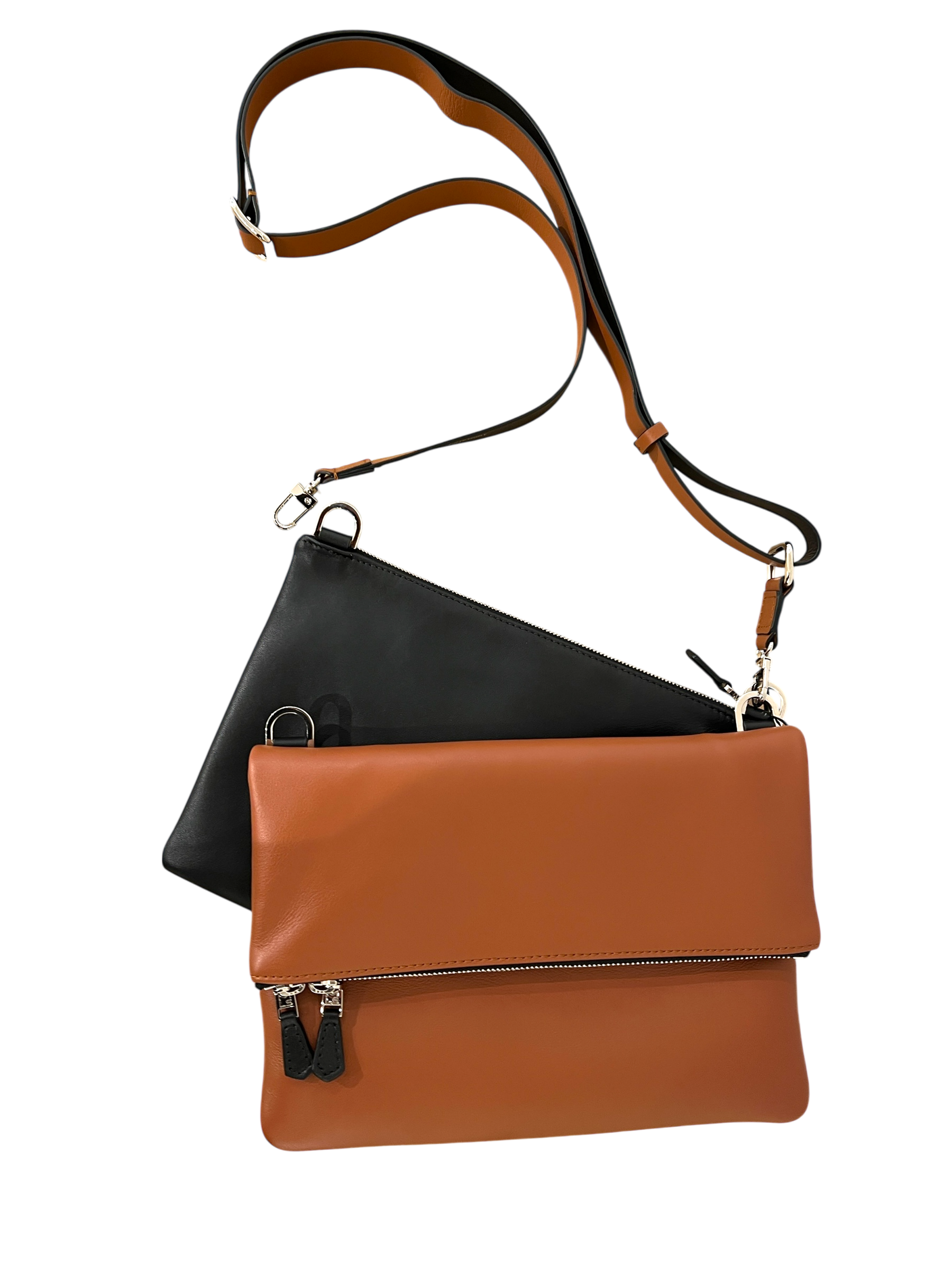 Duo pochette pliée à rabat avec pochette Duo zippée medium- cognac noire - finition argent