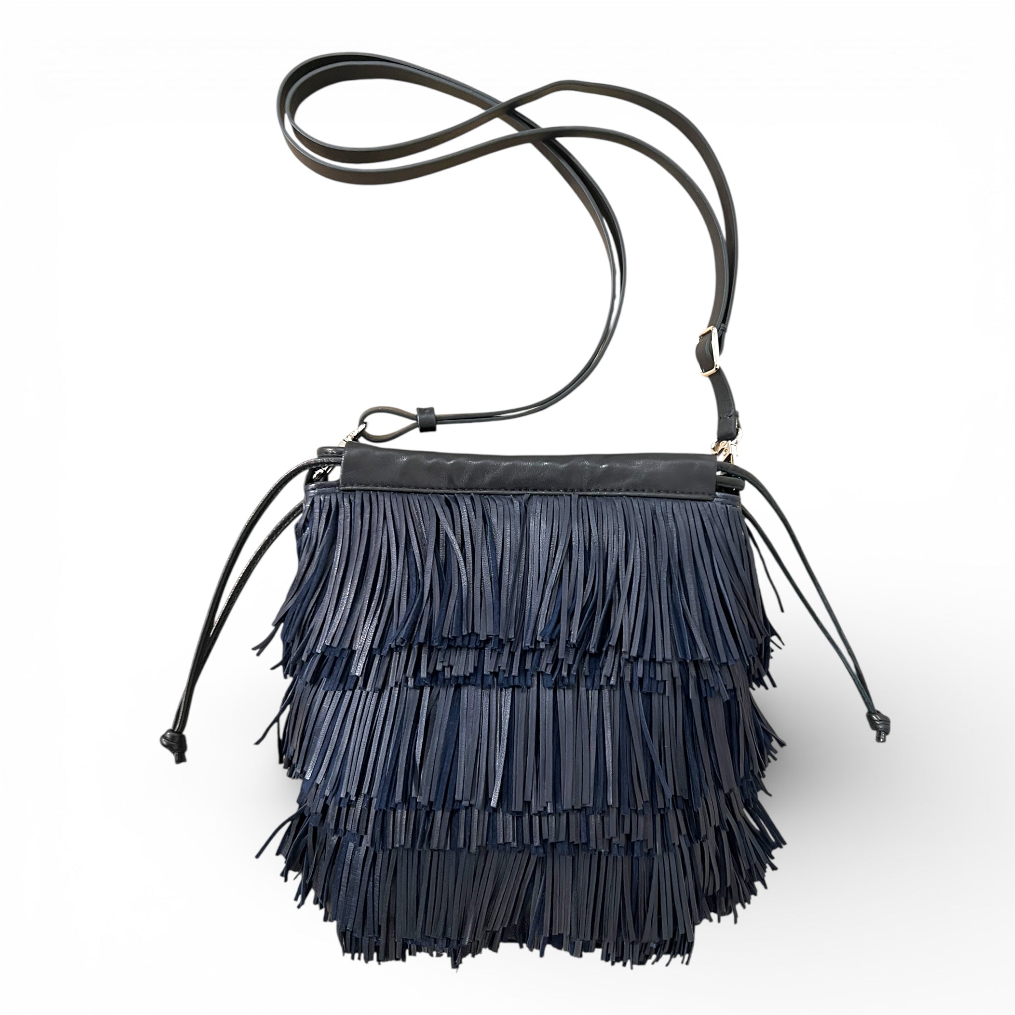 Pochette à lien de serrage - String micro franges - Blue encre et noir