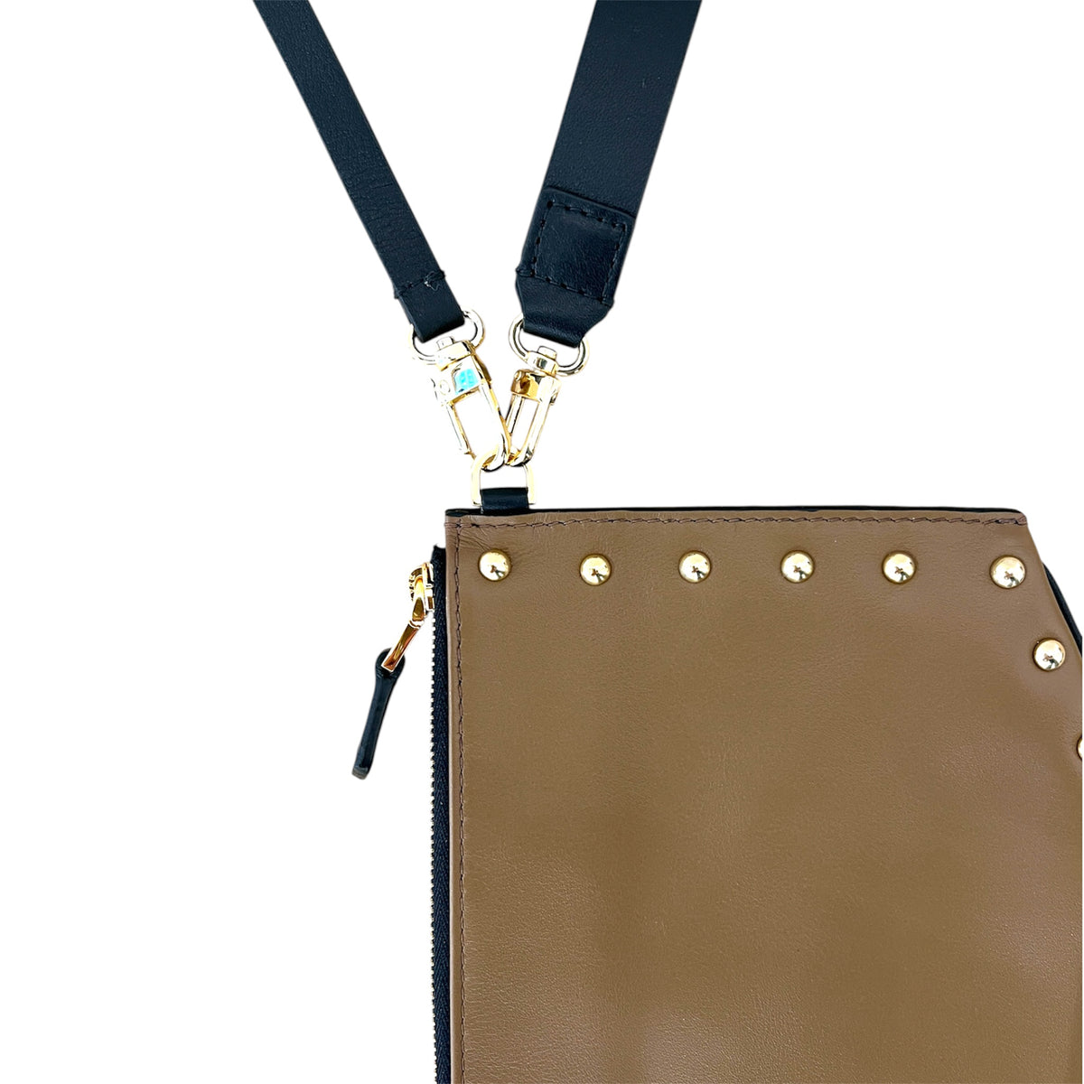 Pochette bandoulière - Zip medium - terre marron et noire cloutée finition dorée