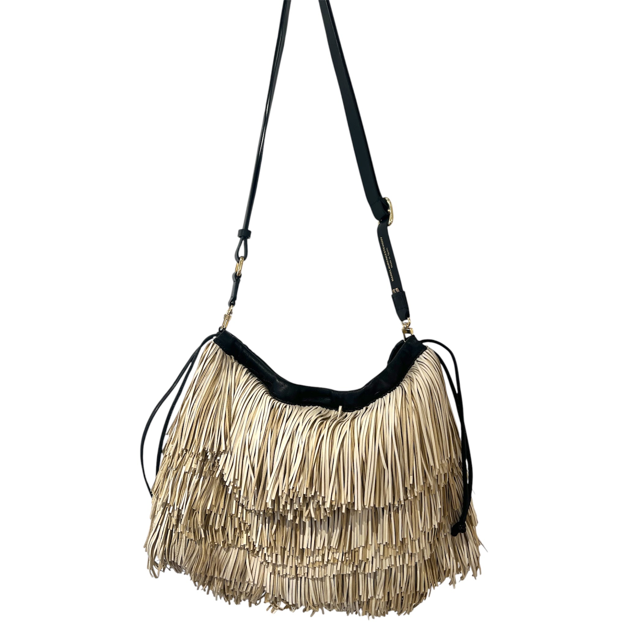 Pochette à lien de serrage - String medium franges - Ecrue et noir