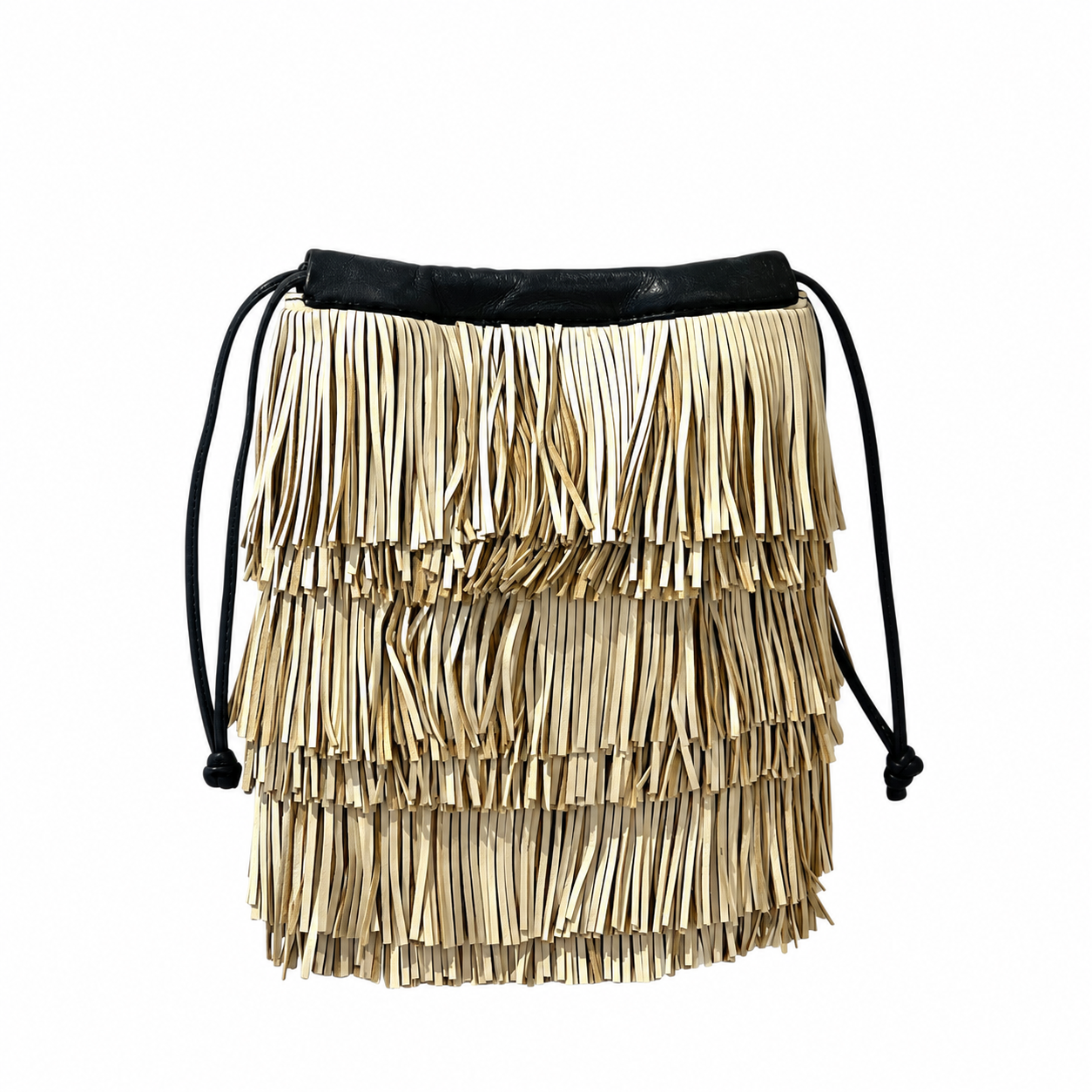 Pochette à lien de serrage - String micro franges - écru et noir