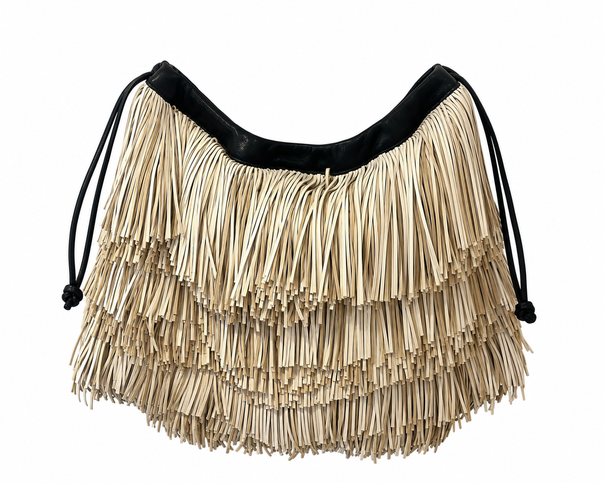 Pochette à lien de serrage - String medium franges - Ecrue et noir