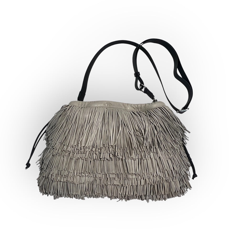 Pochette à lien de serrage - String medium franges - Ecrue et noir