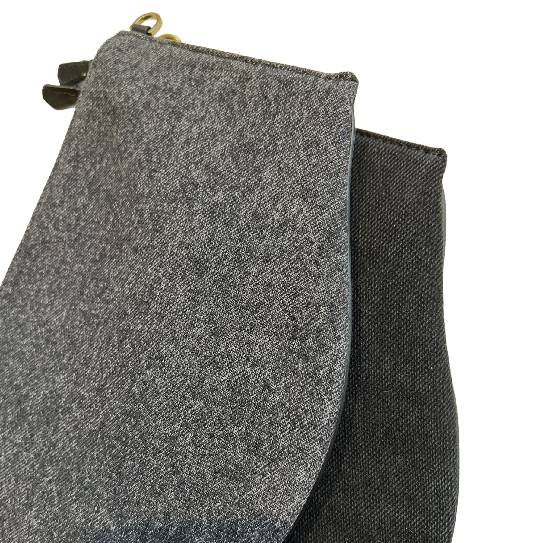 Zip Xl & maxi black upcycled denim black leather and gold hardware- details of different