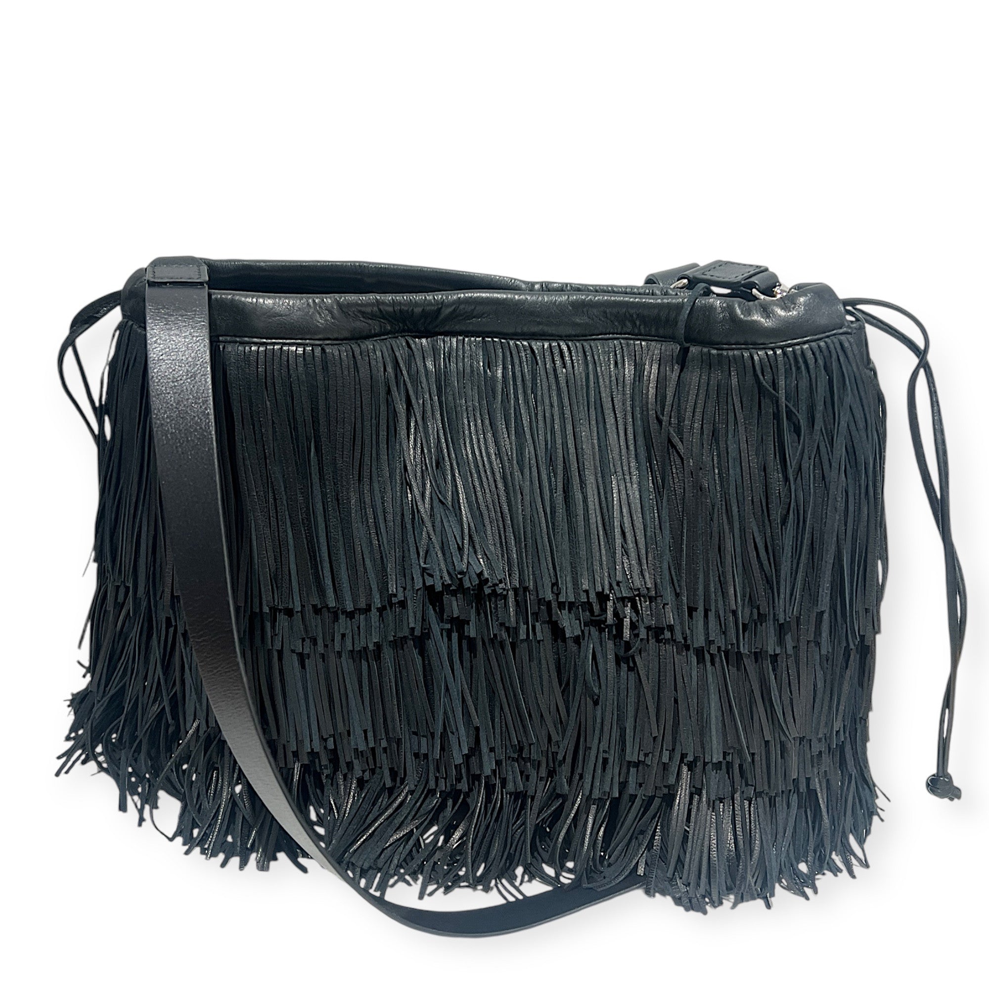 MARIELAURENCESTEVIGNY__String pouches maxi-black -fringes-packshoot with black strap- on t