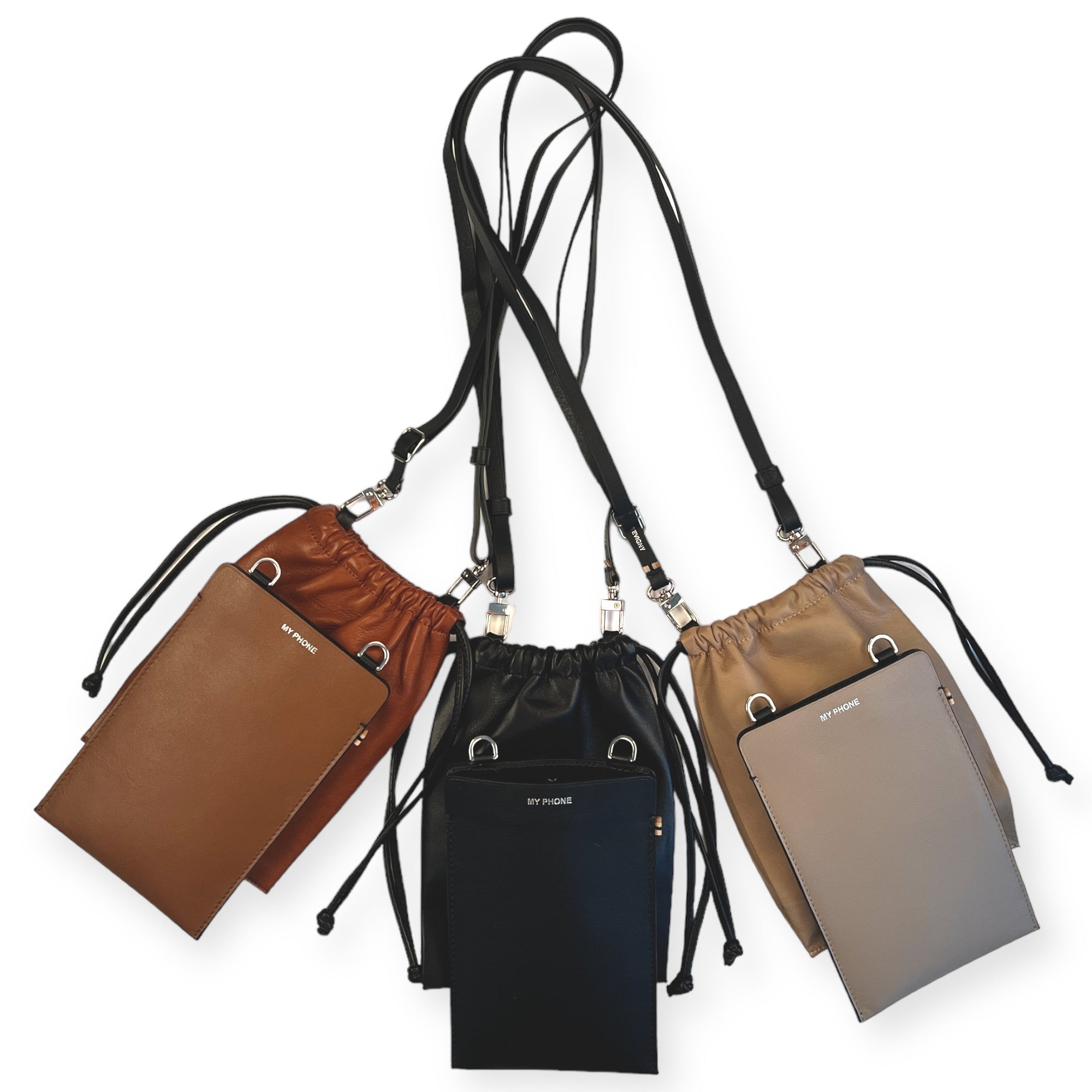 MARIELAURENCESTEVIGNY-Drawstring pouch combo - drawstring pouch with straps -Black tan tau