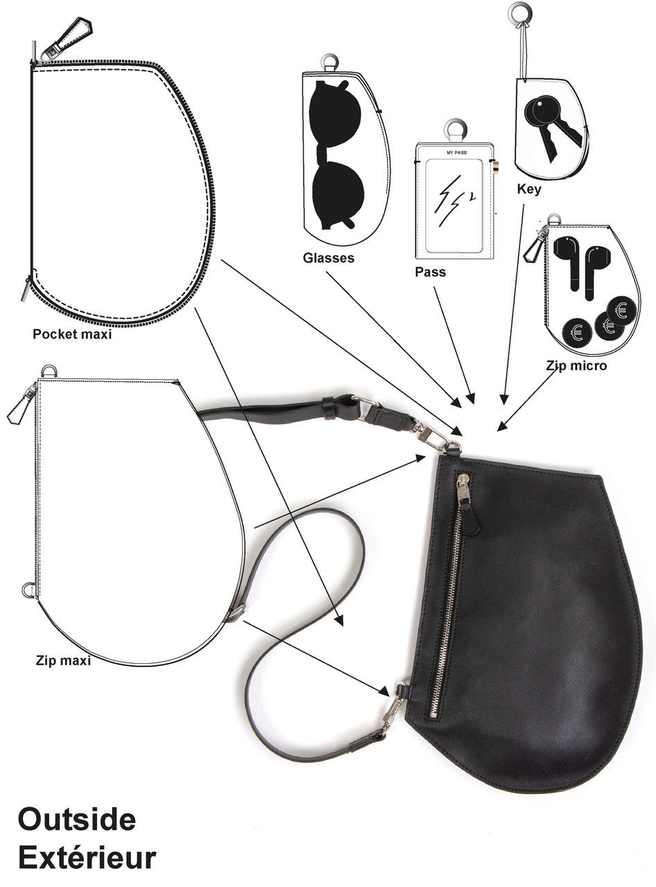 Pochette bandoulière - Zip medium cut - Noir et finitions argentées