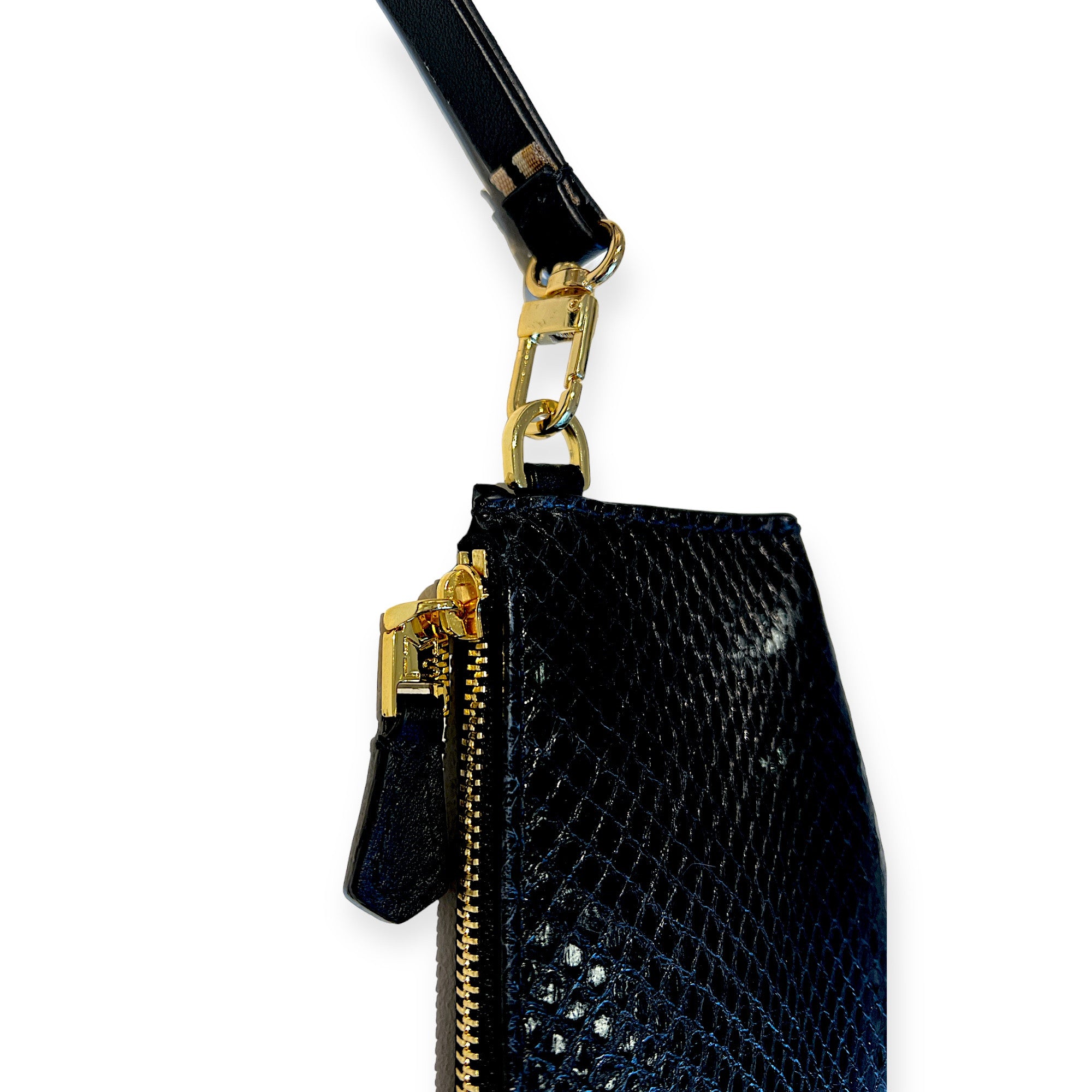 Neck-neck loop-black leather and gold hardware-with snake zip micro pruse detail hookMarie
