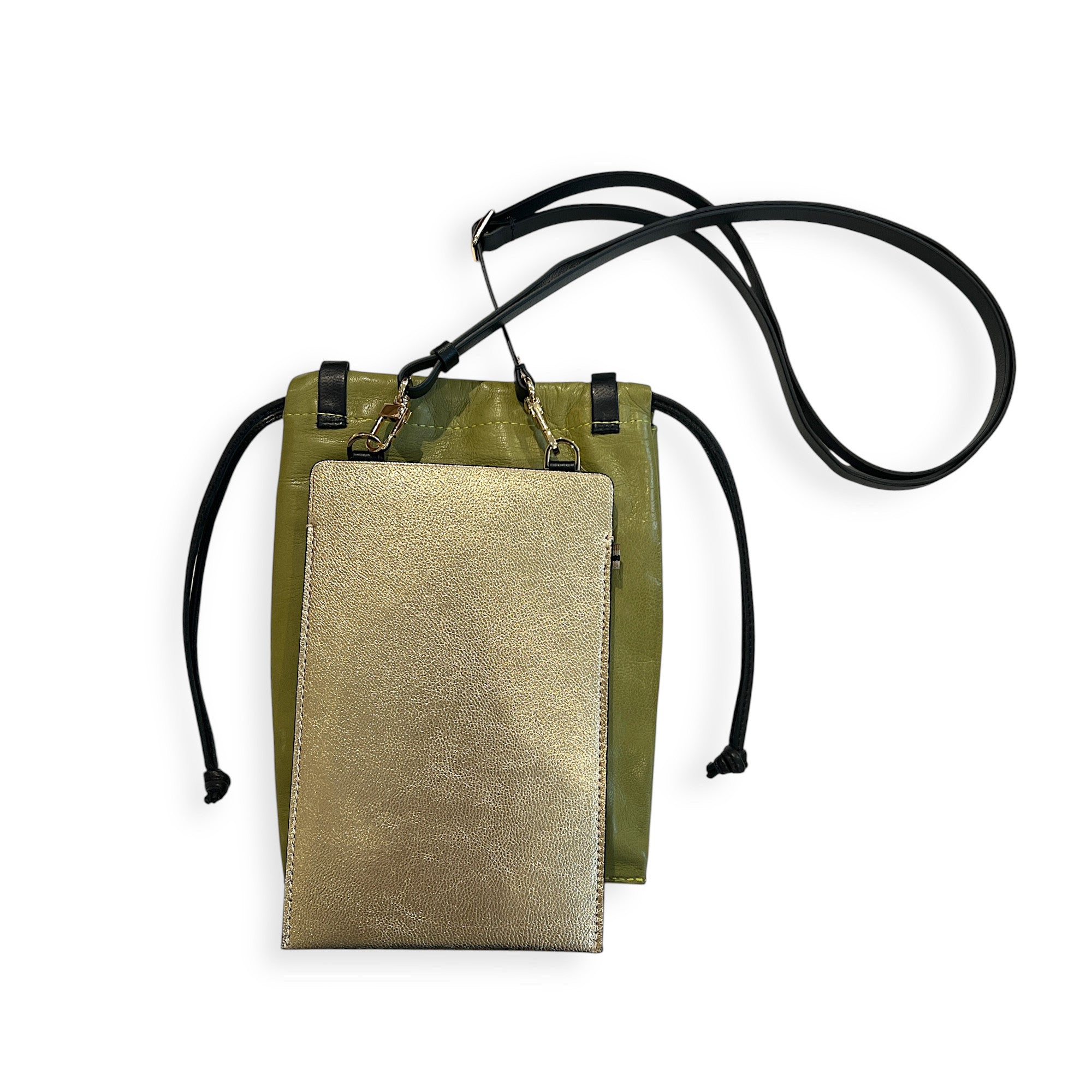 MARIELAURENCESTEVIGNY_String nano pouch for Phone bag -pale Khaki - front with gold phone