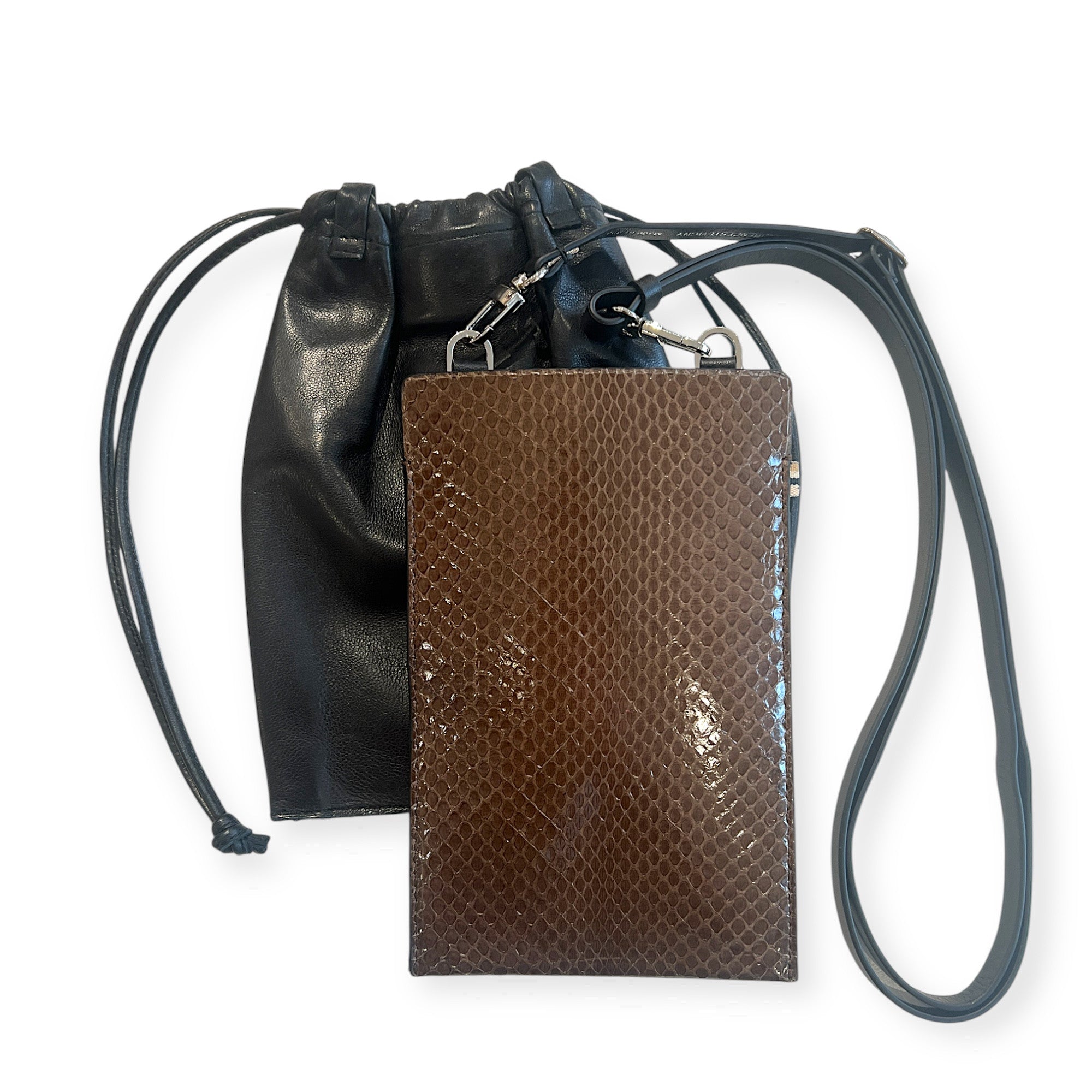 MARIELAURENCESTEVIGNY- Phone bag- moka snake - front with black string nano.JPEG