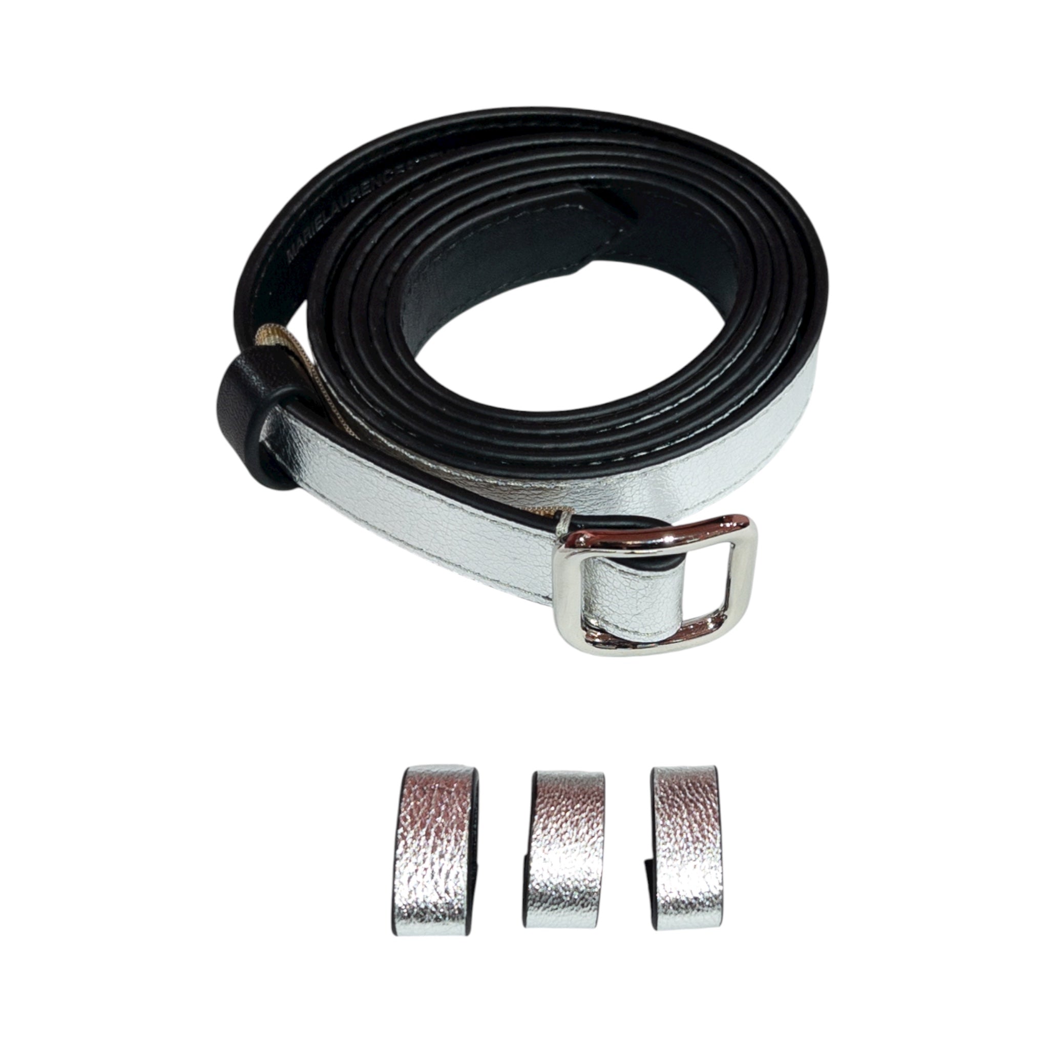 Slim single belt - silver and black metallic leather with silver finish