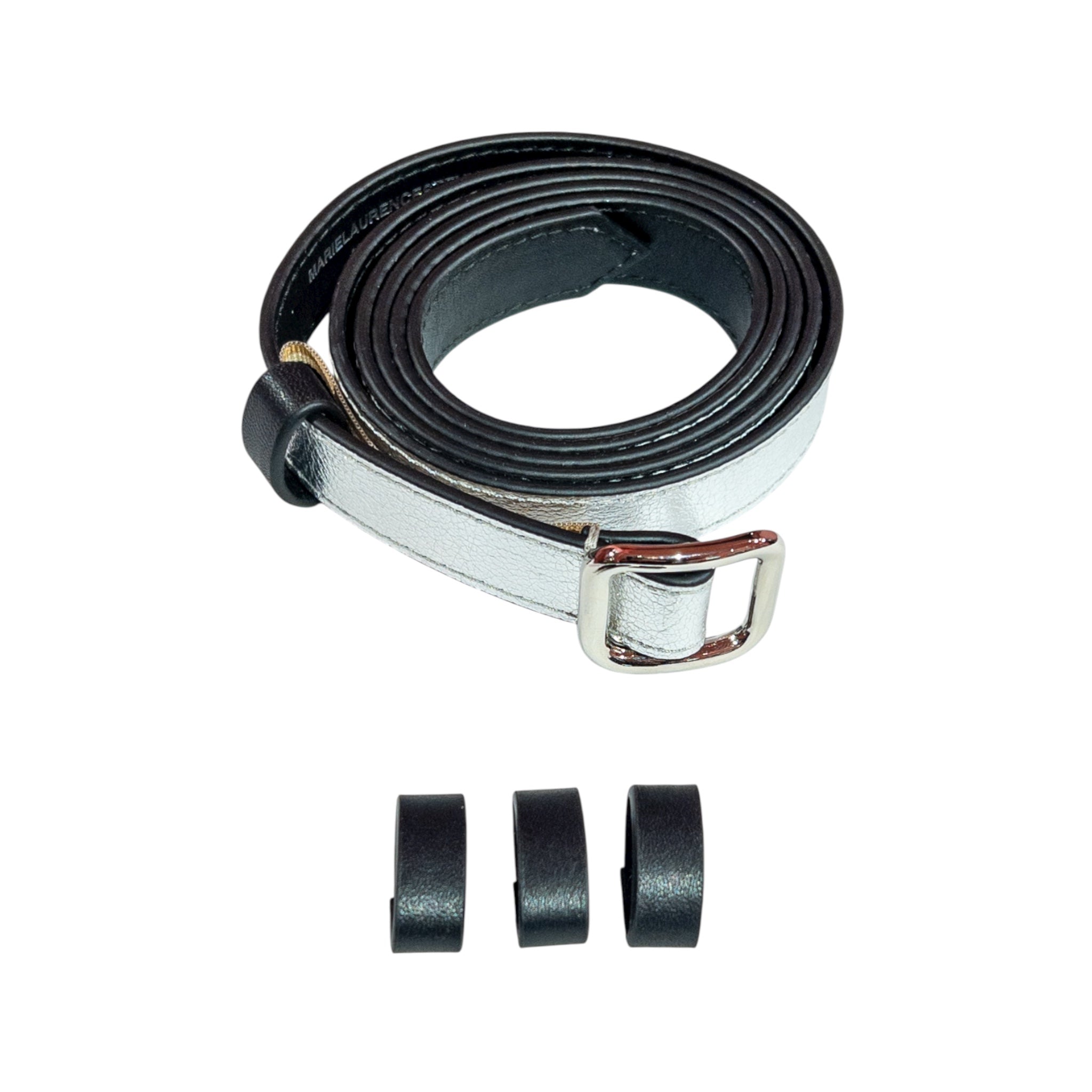 Slim single belt - silver and black metallic leather with silver finish
