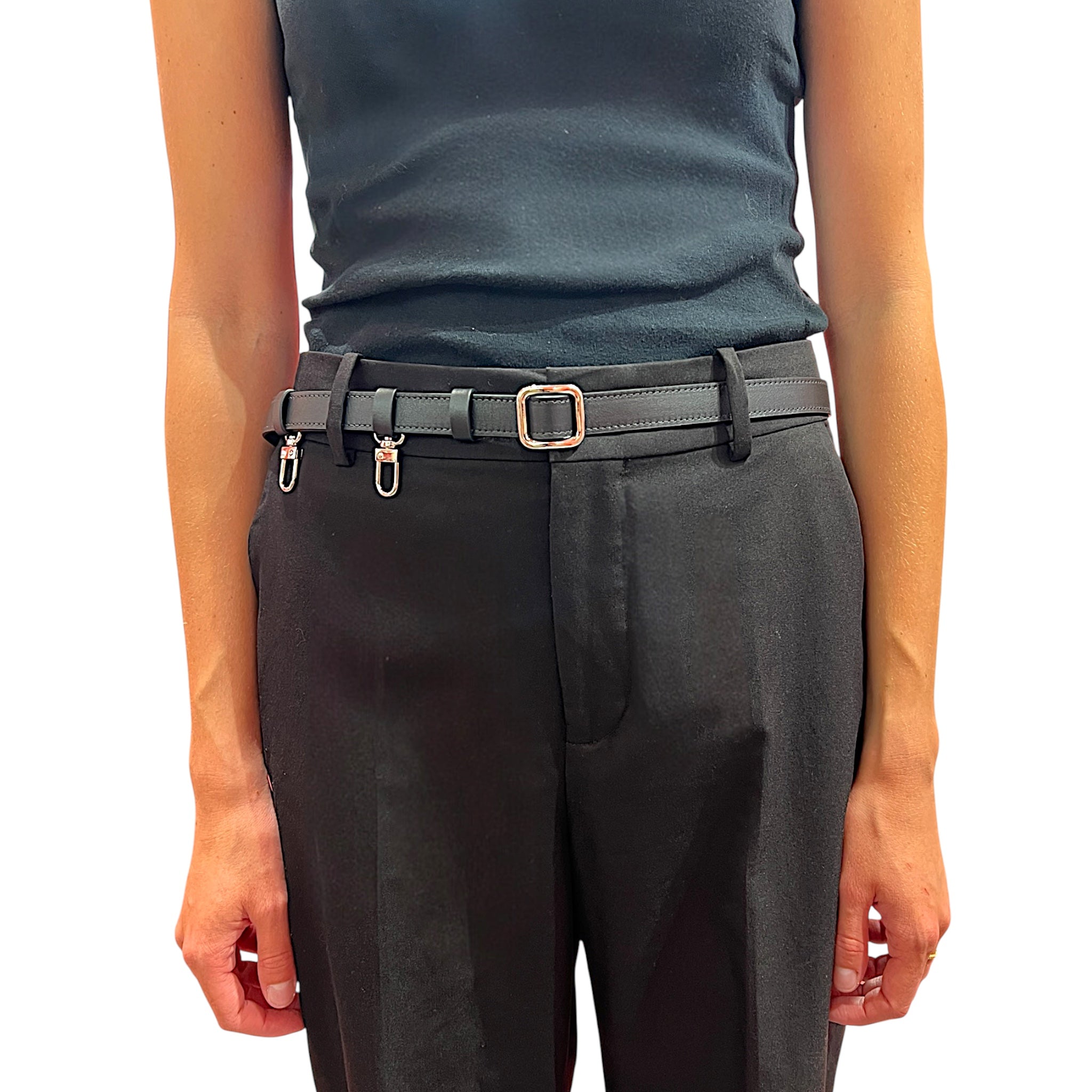 Slim single belt - black leather and silver finish