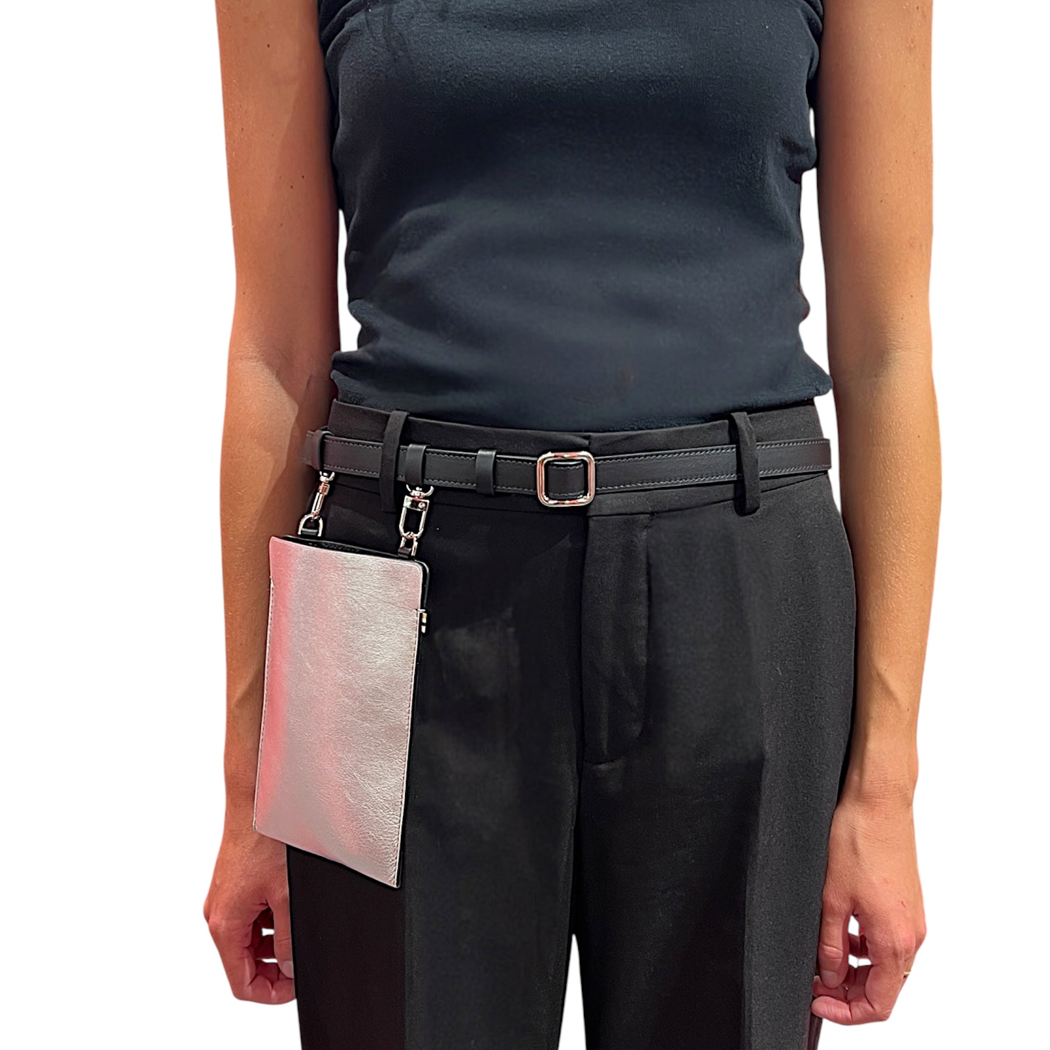 Slim single belt - black leather and silver finish