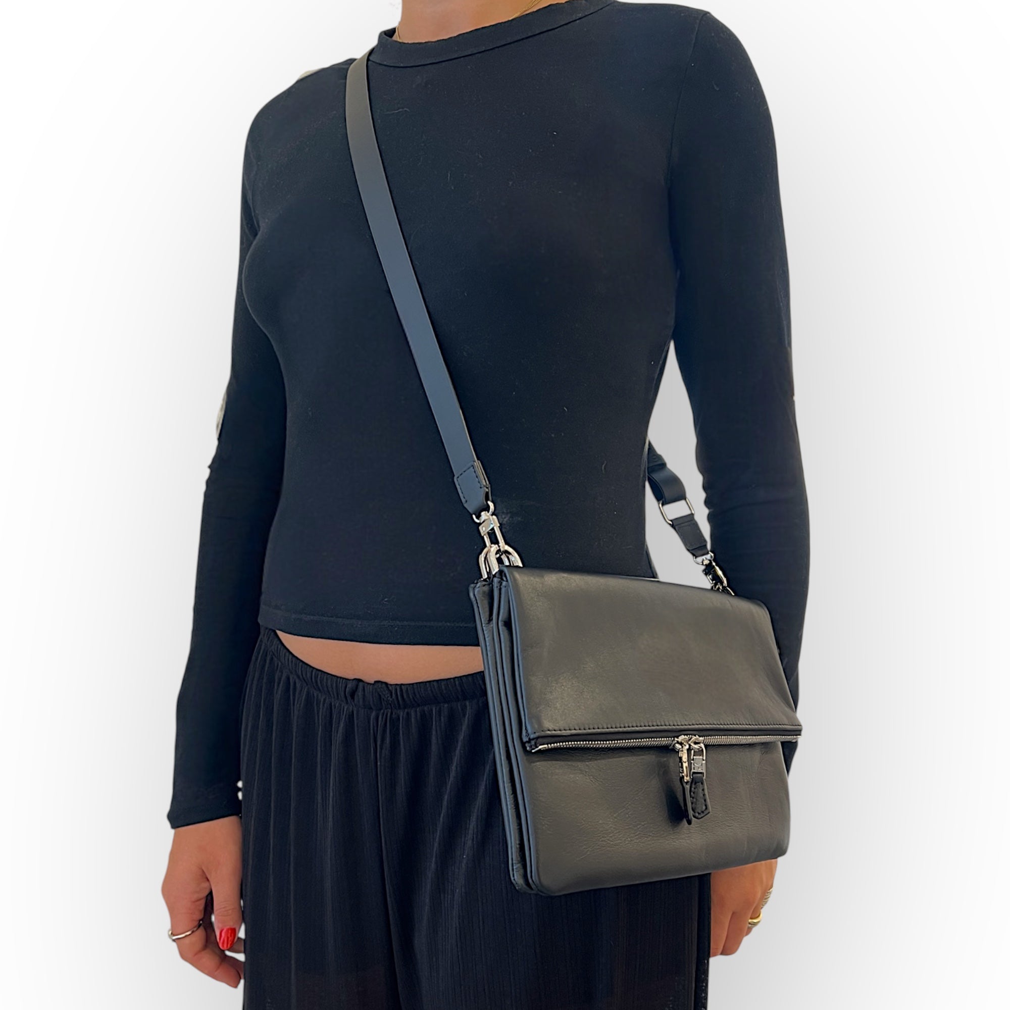 Duo pochette pliée à rabat avec pochette Duo zippée medium- ébène ébène - finition argent