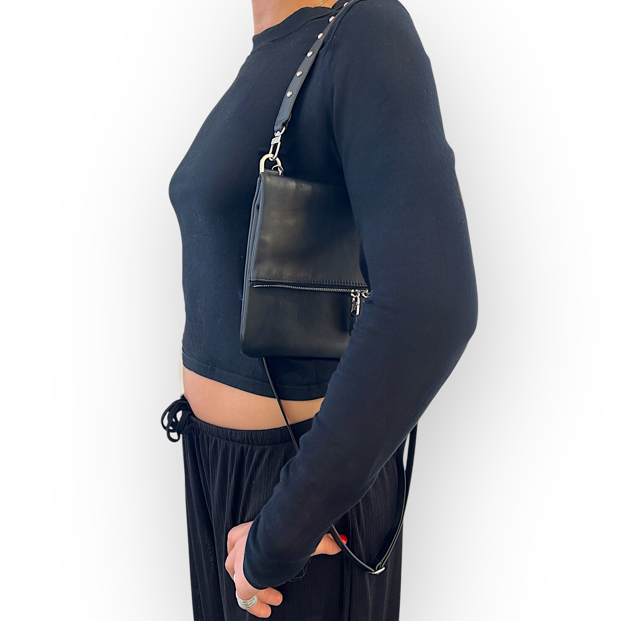 Duo pochette pliée à rabat avec pochette Duo zippée medium- ébène ébène - finition argent