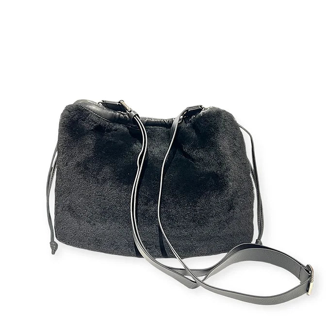 Pochette à lien de serrage - String medium - Peau lainée noire