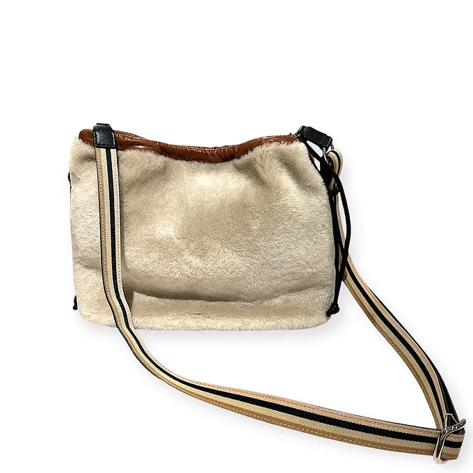 Pochette à lien de serrage - String medium - Peau lainée beige et cognac