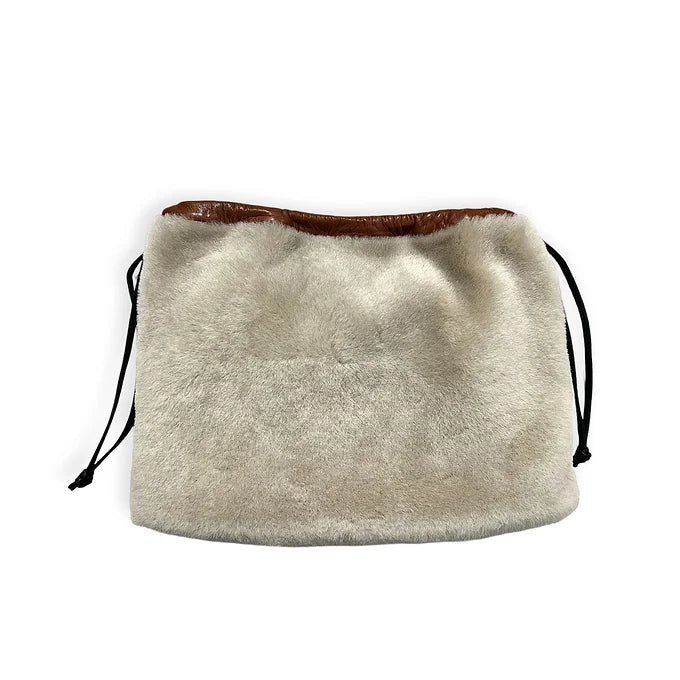 Pochette à lien de serrage - String medium - Peau lainée beige et cognac