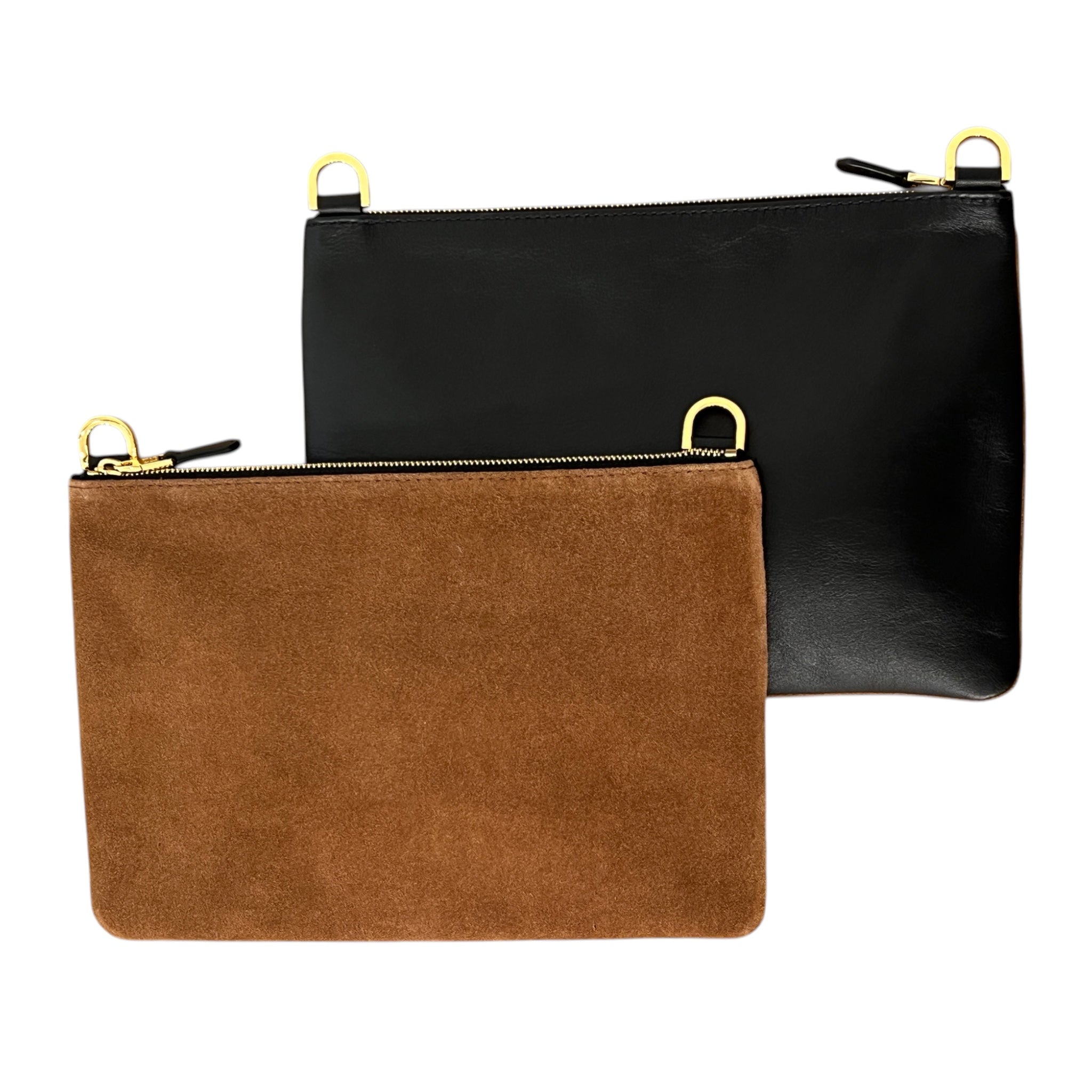 Duo pochettes medium en solo - Daim camel et noir fintions or