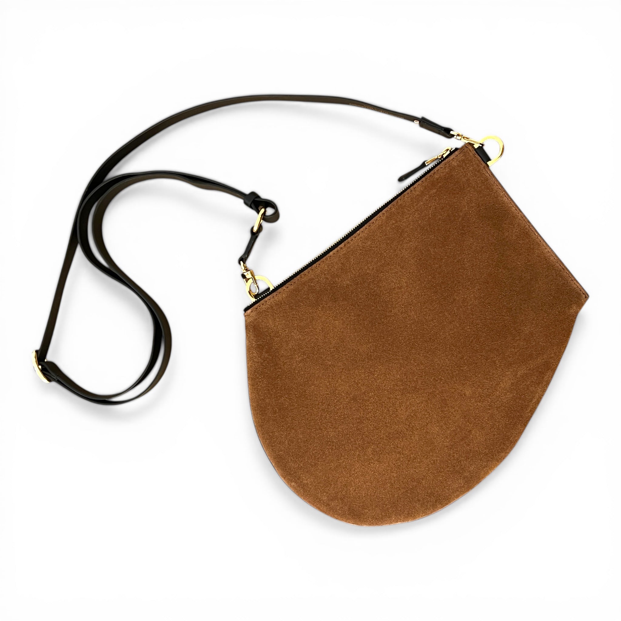 Pochette bandoulière - Zip XL - Daim camel et cuir noir avec finitions dorées