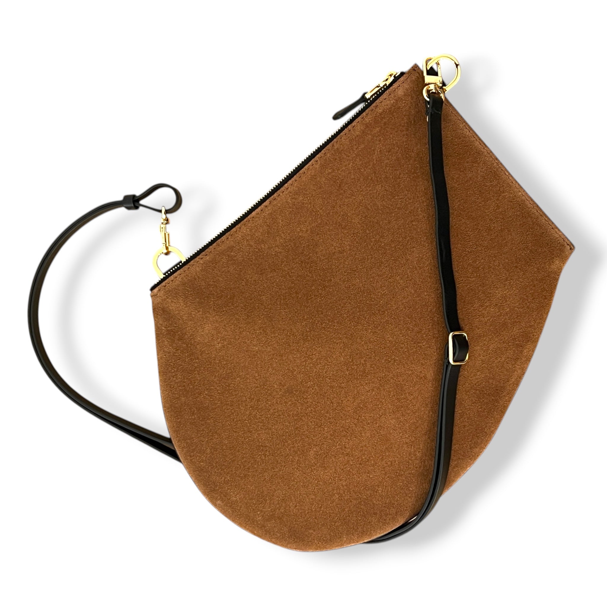 Pochette bandoulière - Zip XL - Daim camel et cuir noir avec finitions dorées