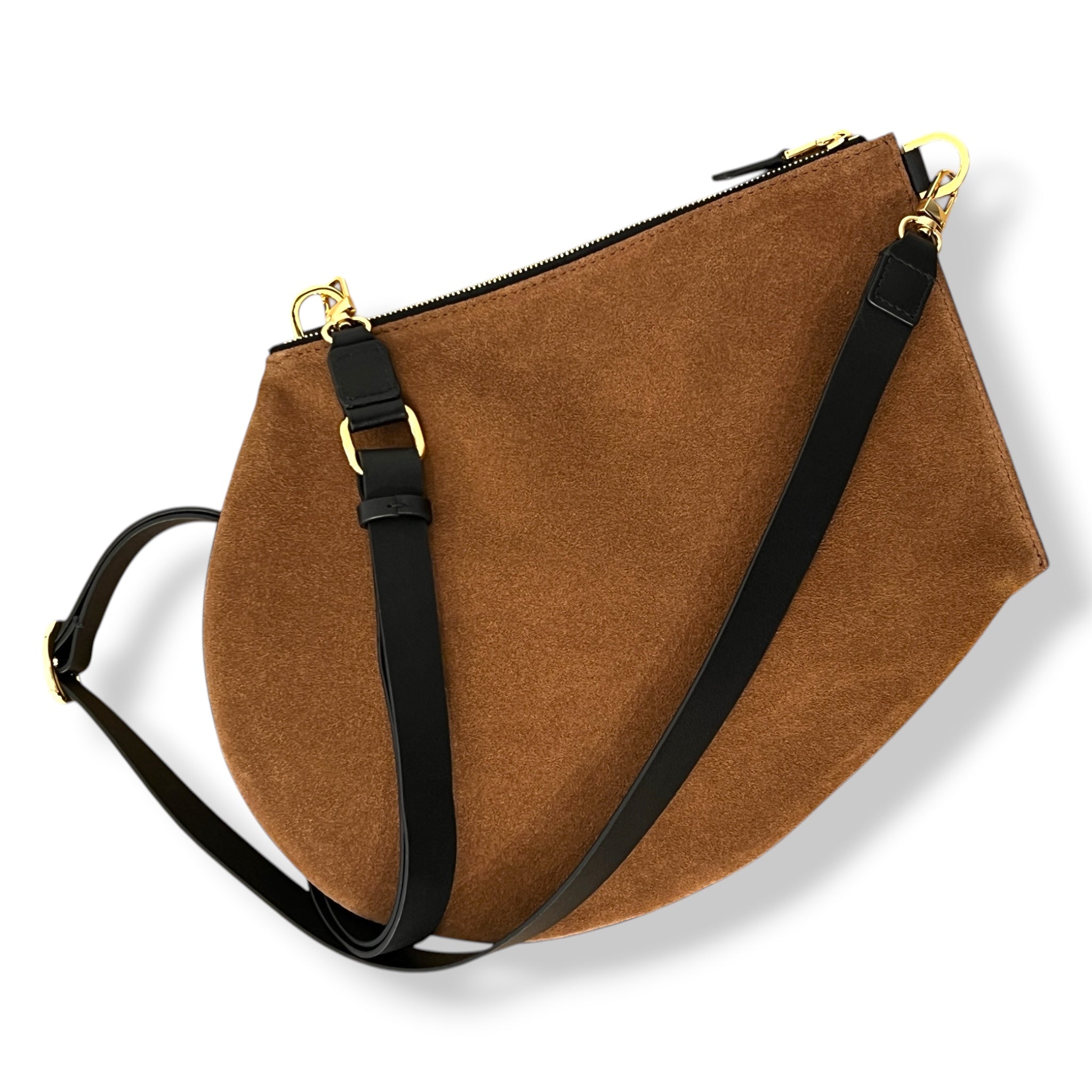Pochette bandoulière - Zip XL - Daim camel et cuir noir avec finitions dorées