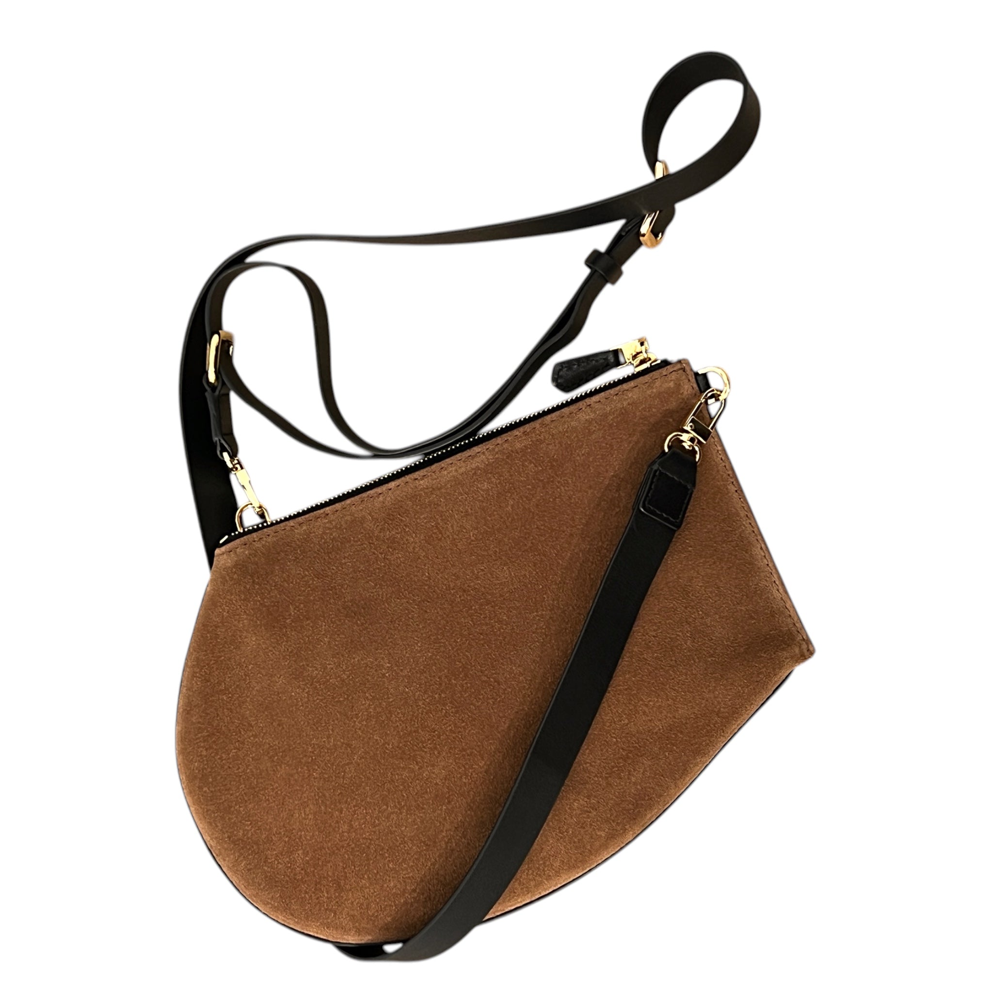 Pochette bandoulière - Zip medium - Daim camel , cuir noir et finitions dorées