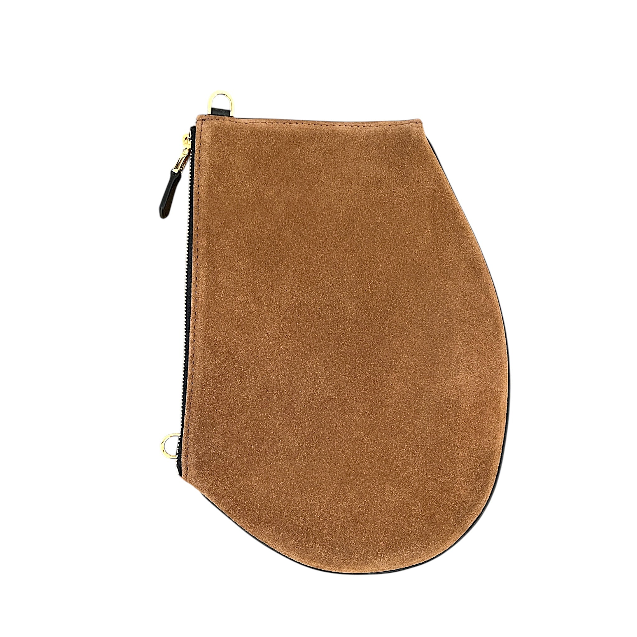 Pochette bandoulière - Zip medium - Daim camel , cuir noir et finitions dorées