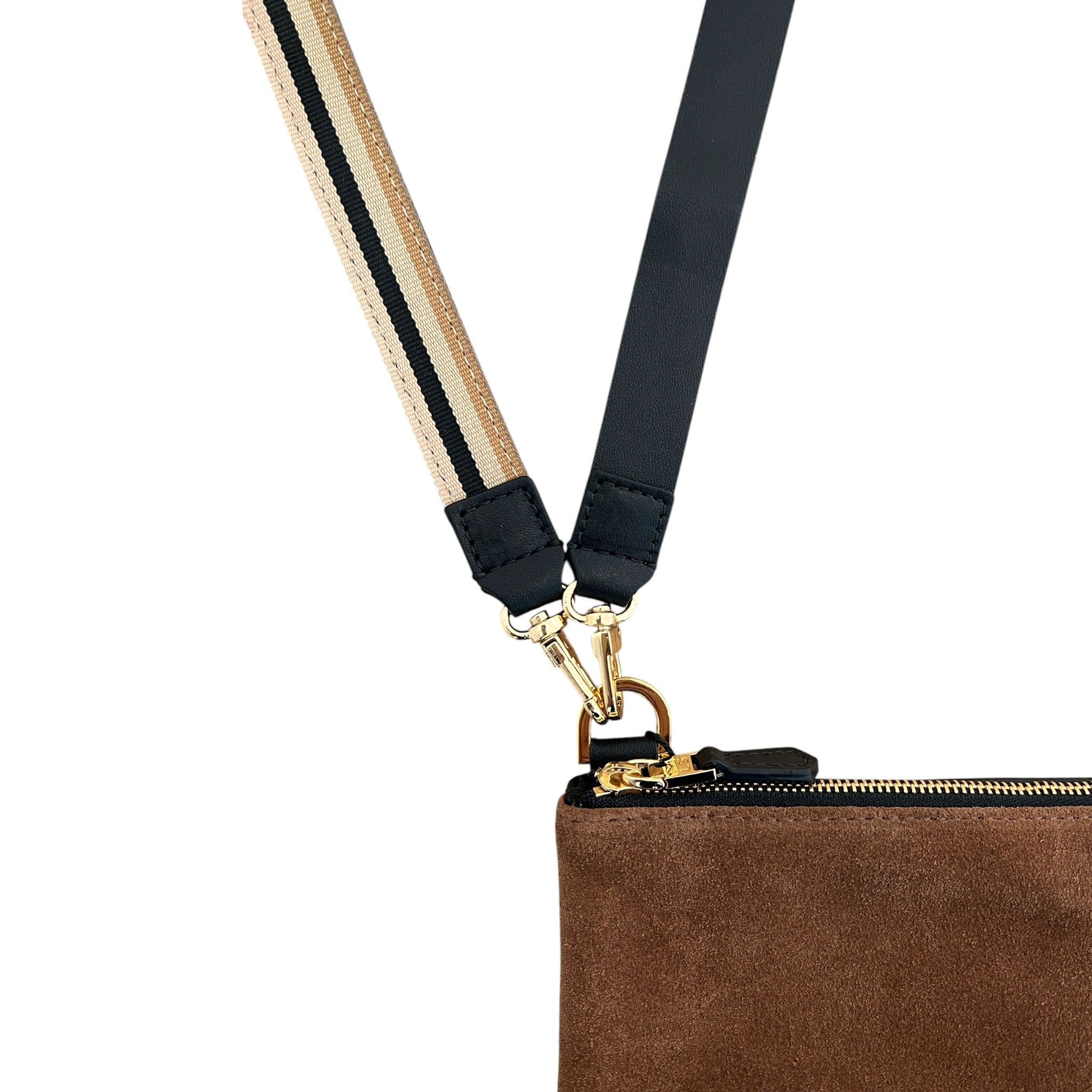 Pochette bandoulière - Zip medium - Daim camel , cuir noir et finitions dorées