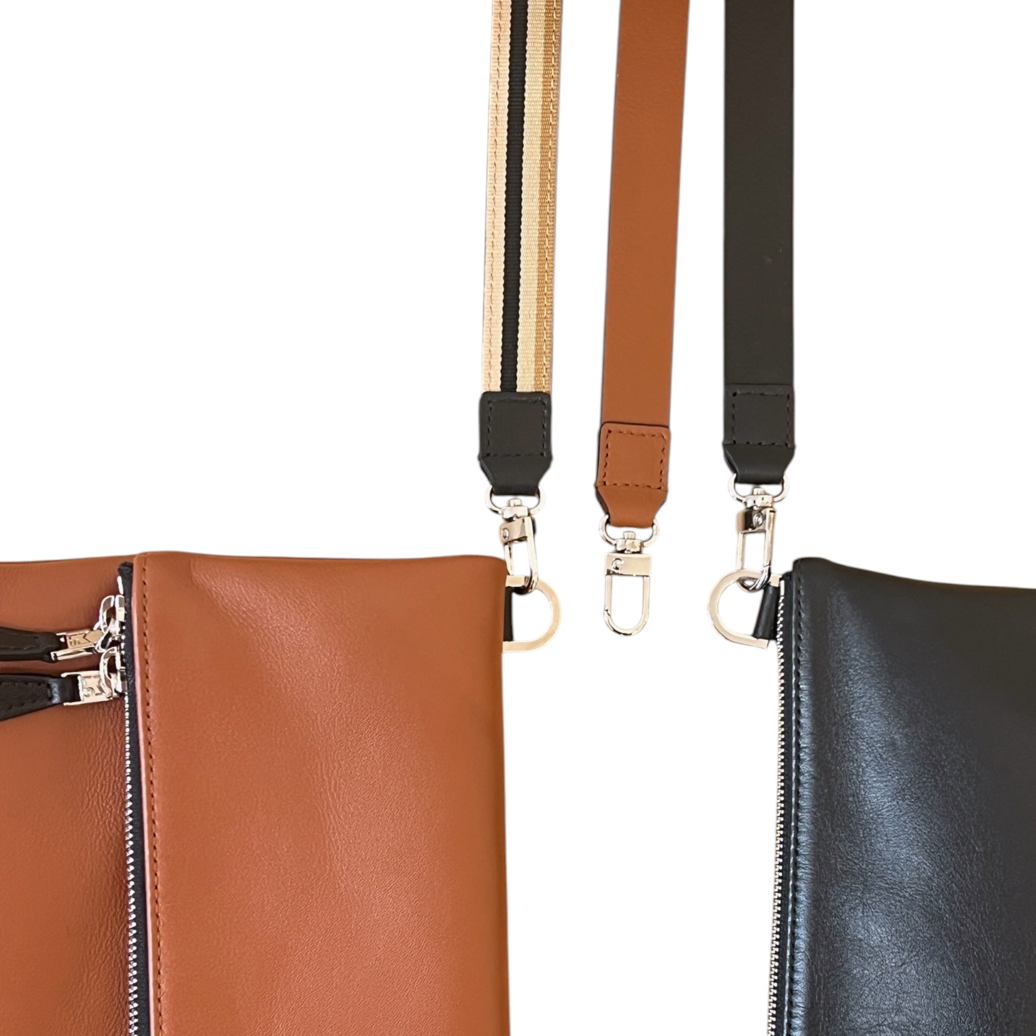 Duo pochette pliée à rabat avec pochette Duo zippée medium- cognac noire - finition argent