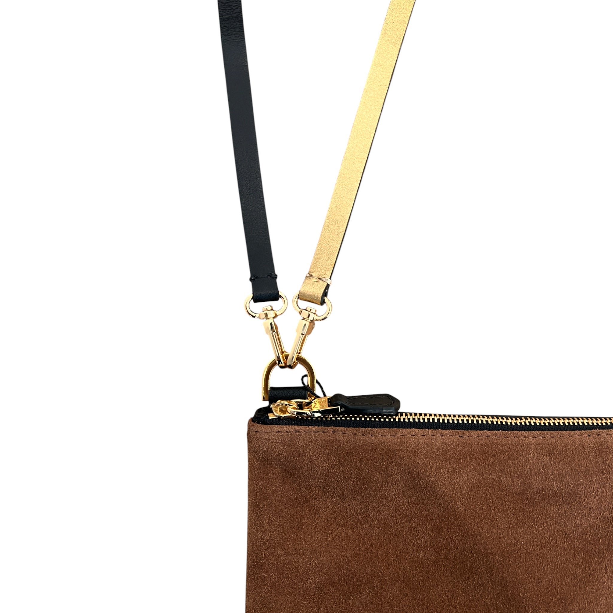 Pochette bandoulière - Zip medium - Daim camel , cuir noir et finitions dorées