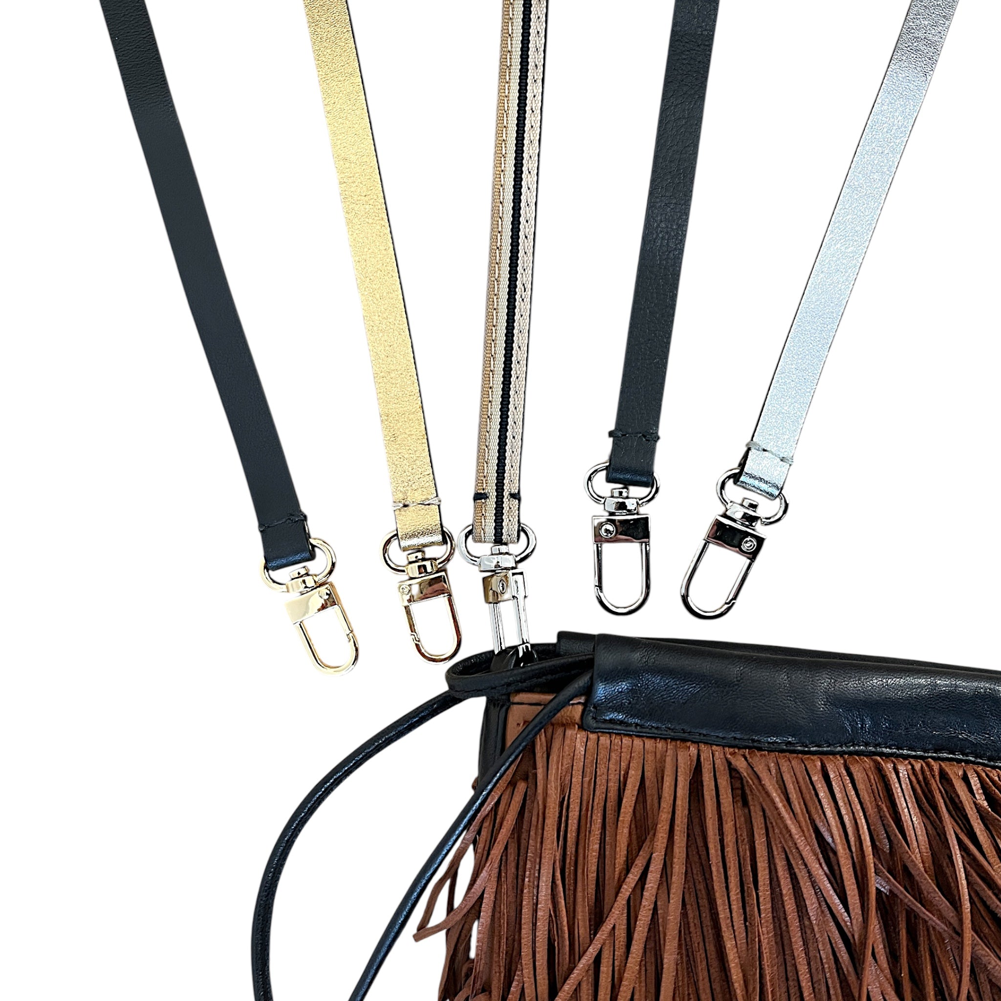 Pochette à lien de serrage - String micro franges - Cognac et noir